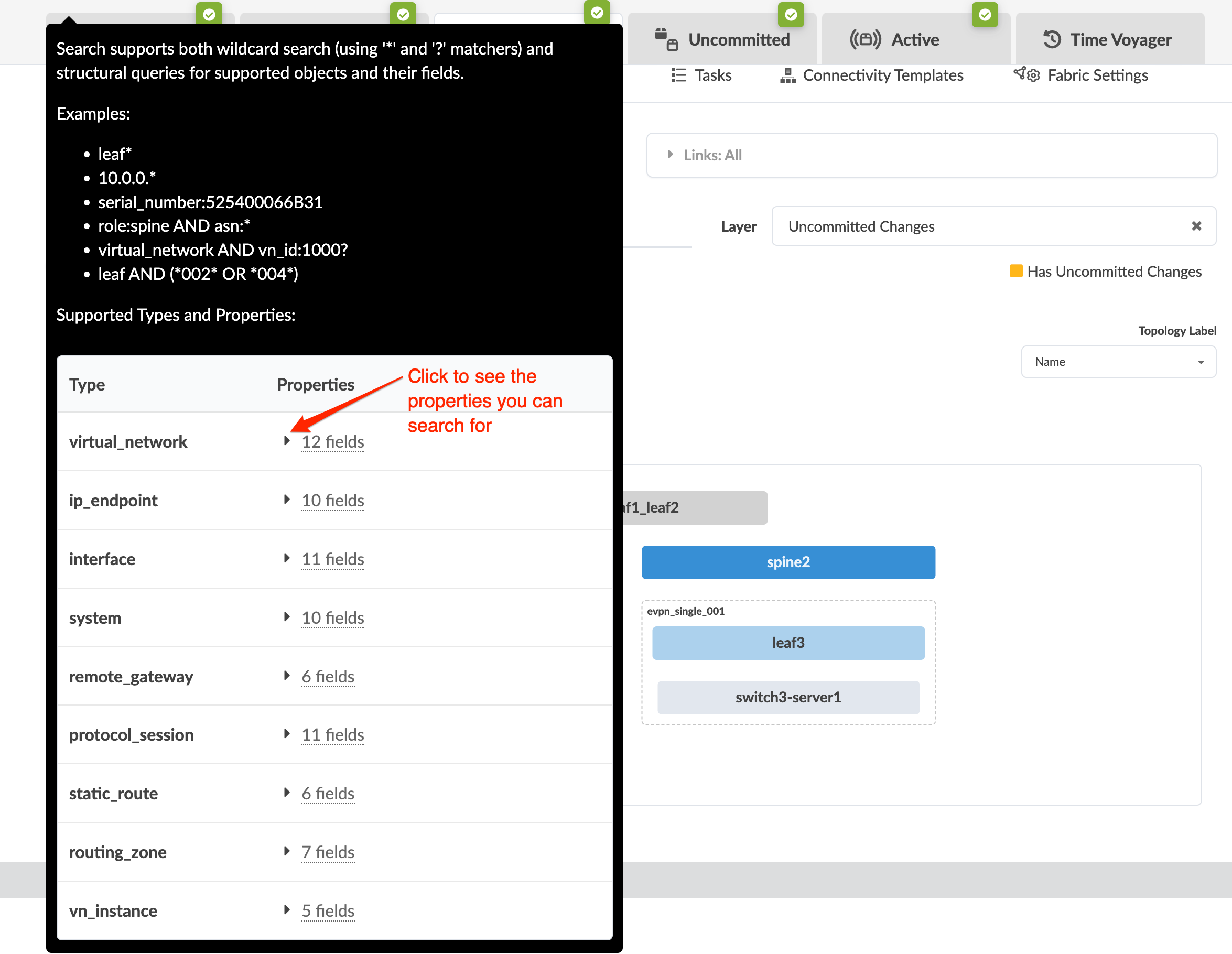 Search panel with wildcard and structural queries on left, network topology with uncommitted changes on right.