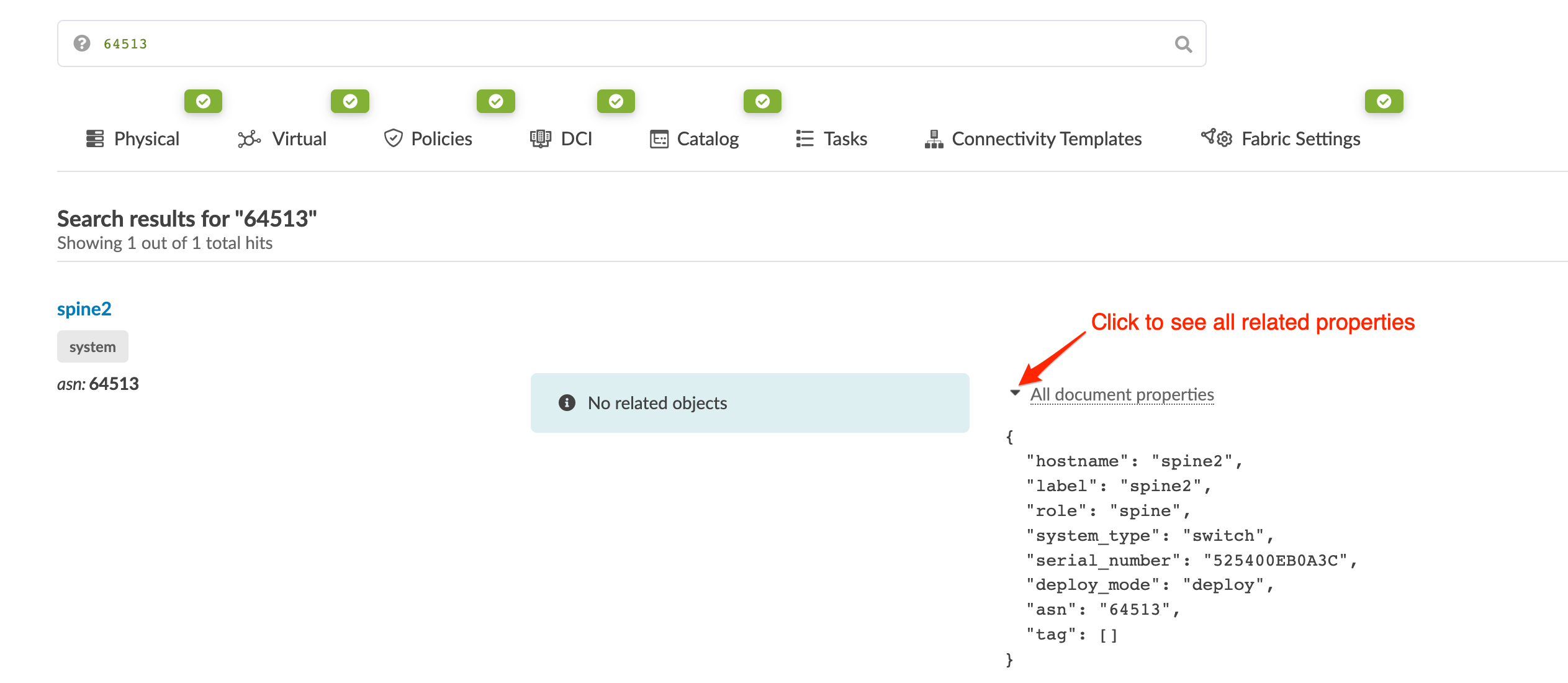 Network device search result showing hostname spine2, role spine, type switch, ASN 64513, serial number 525400EB0A3C.