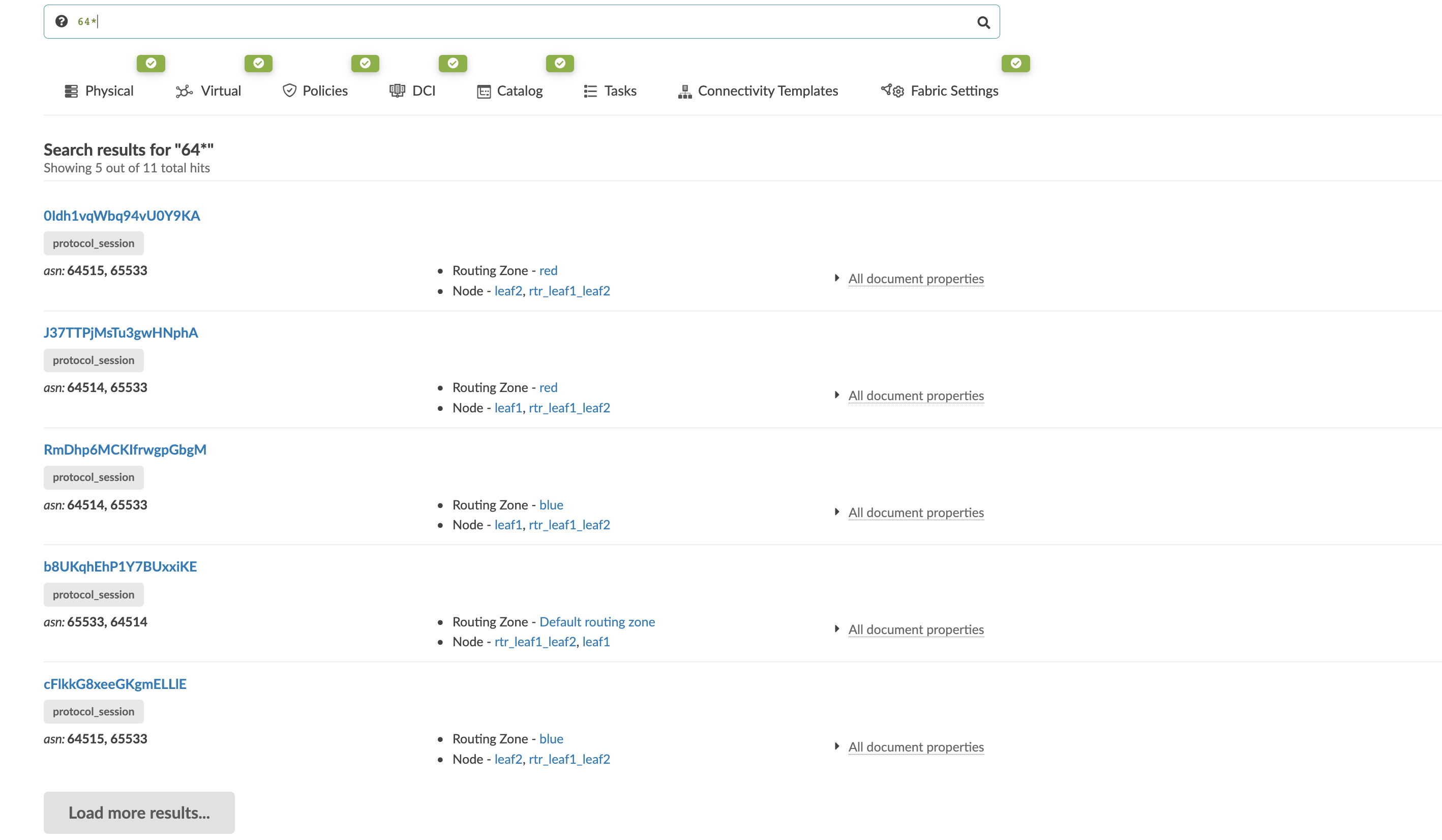 Search results page from network tool showing query 64* with protocol sessions, identifiers, ASN pairs, routing zones, and node details.