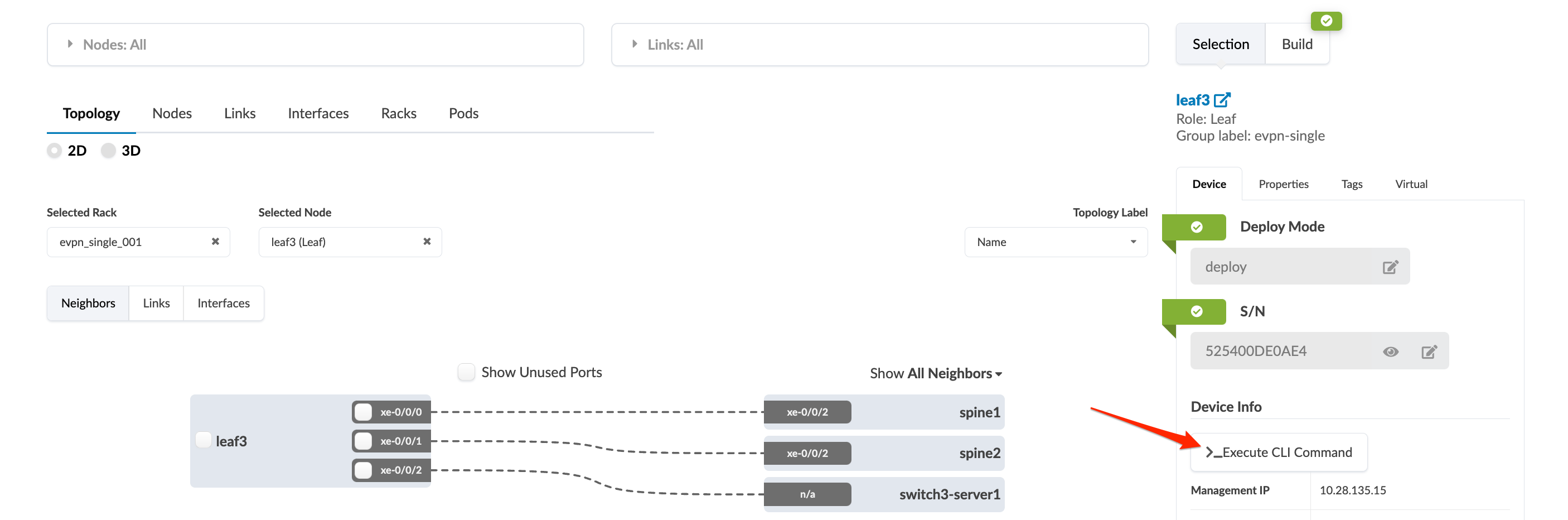 Network management interface showing 2D-3D topology selection, evpn_single_001 rack, leaf3 node, device info, connections to spine1, spine2, switch3-server1, and CLI command option.