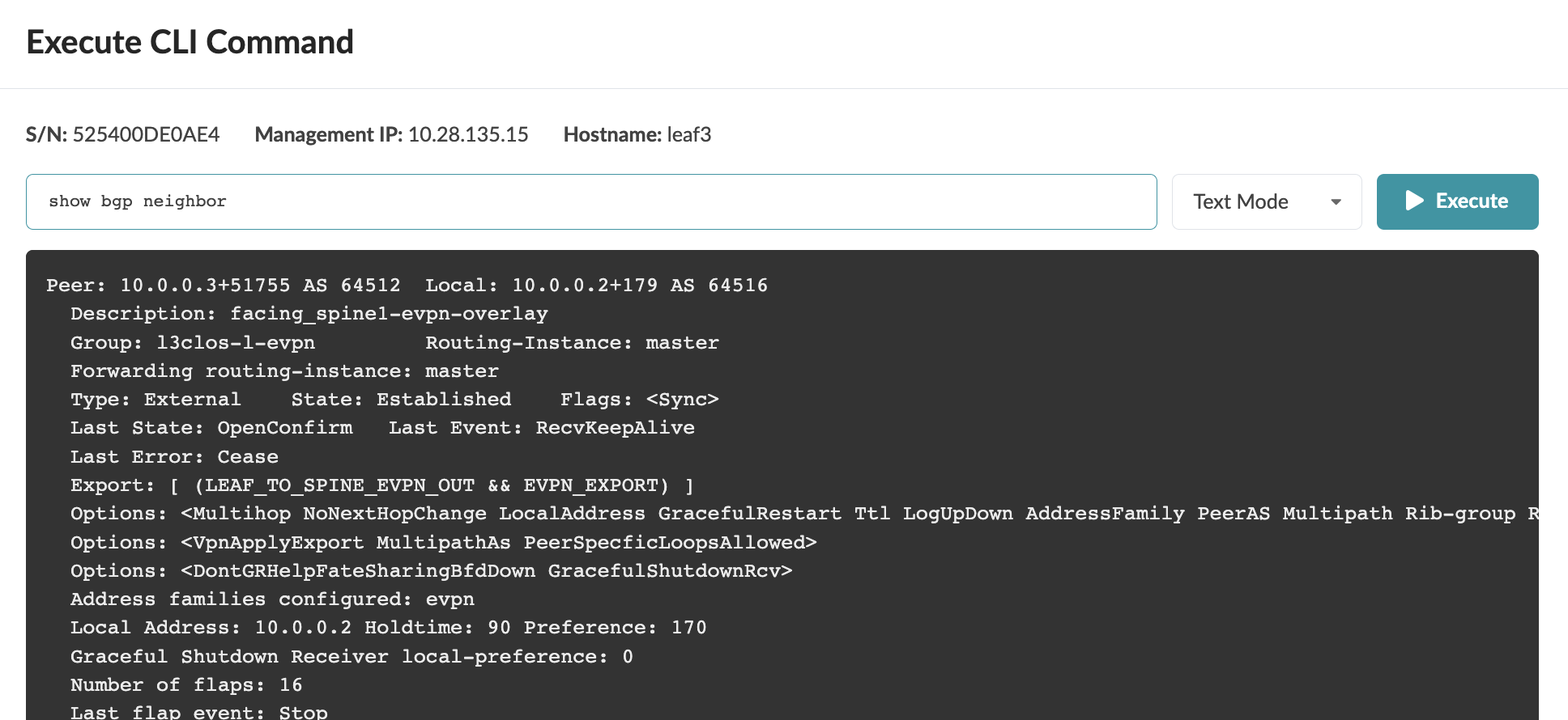 Output of "show bgp neighbor" command on device leaf3 with management IP 10.28.135.15, showing BGP peer 10.0.0.3 in AS 64512 with state Established.