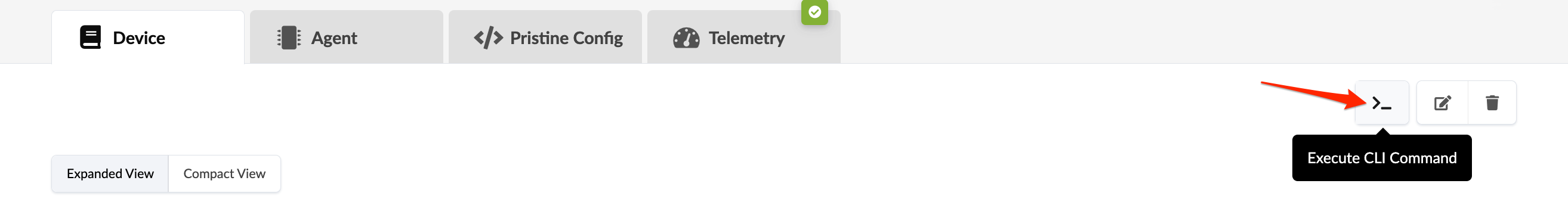 User interface for device management with tabs: Device, Agent, Pristine Config, Telemetry. Icons on right: Execute CLI Command, Edit, Delete.