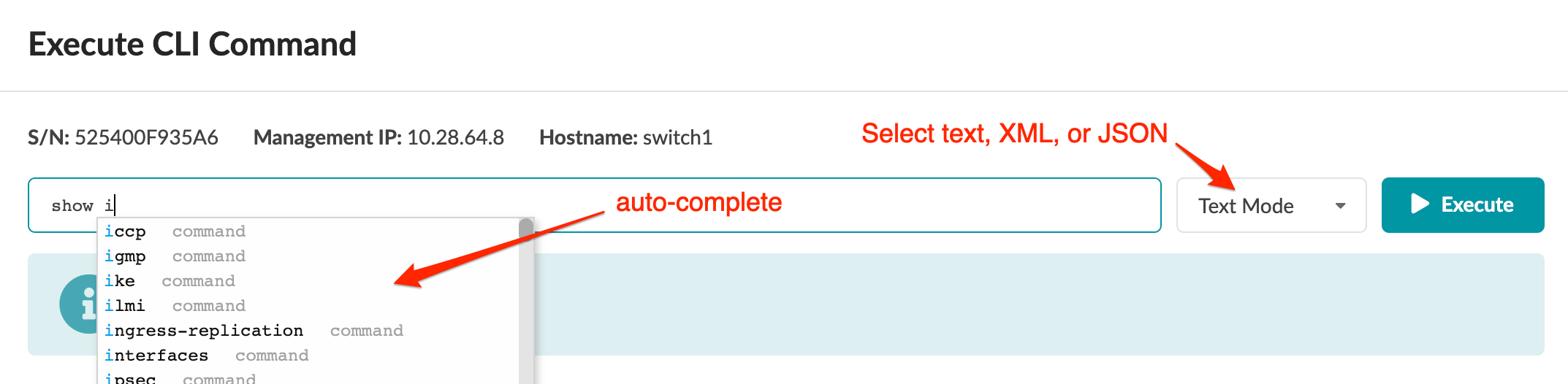 GUI for executing CLI commands on a network device. Shows S/N 525400F935A6, IP 10.28.64.8, hostname switch1, command input field, auto-complete dropdown, text mode selector, and execute button.