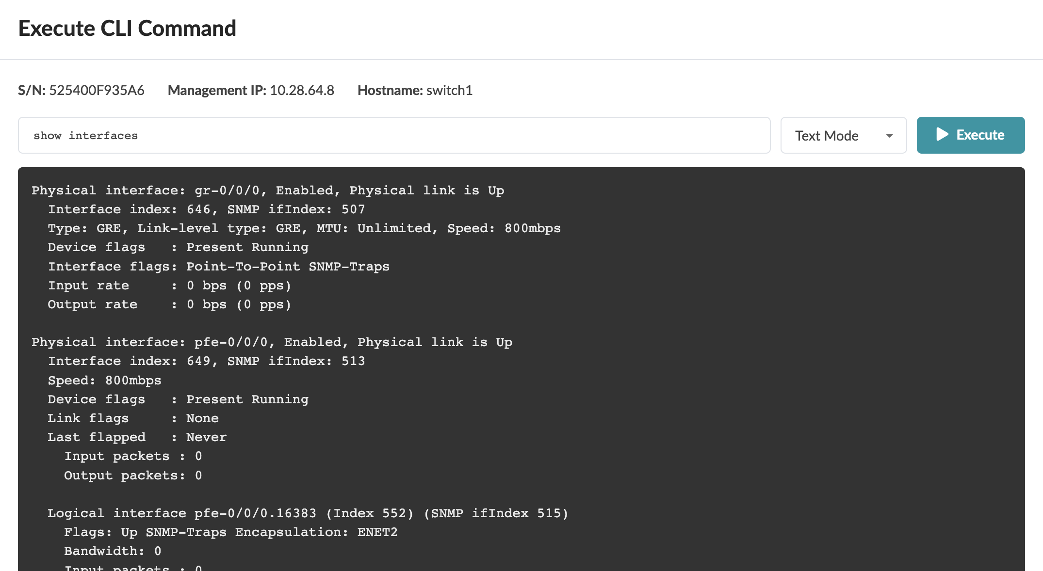 Command-line output showing network interfaces: gr-0/0/0 GRE link up 800mbps, pfe-0/0/0 link up 800mbps. Management IP and hostname displayed.