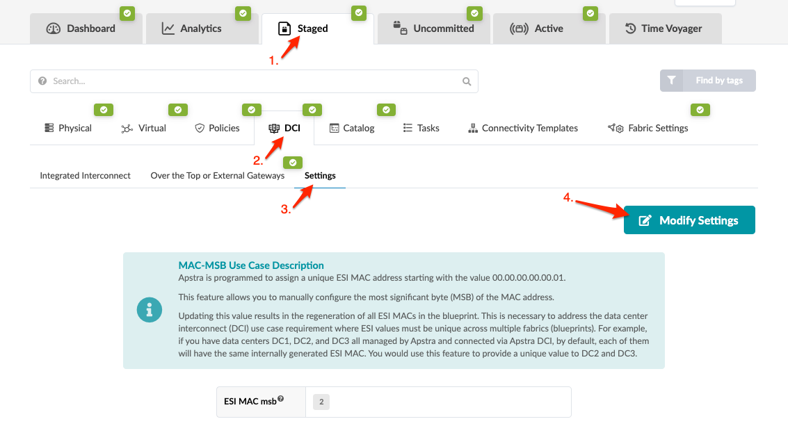 Apstra interface showing DCI settings in Staged state. Modify Settings button highlighted. ESI MAC msb set to 2.
