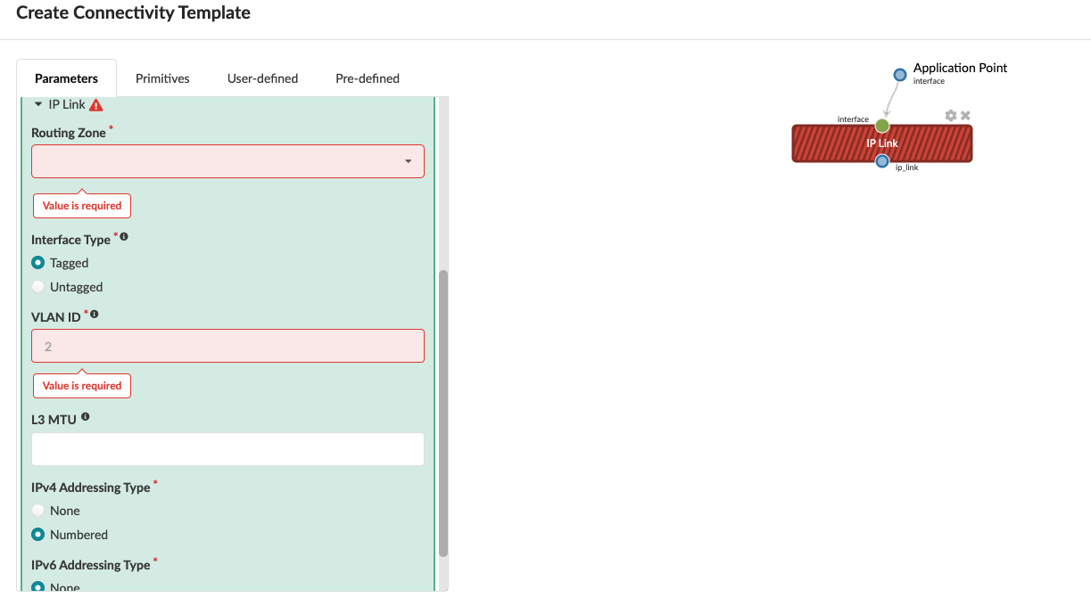 Create Connectivity Template interface showing parameters tab with required fields like VLAN ID set to 2, Routing Zone dropdown, and options for IP and IPv6 addressing types set to None. Diagram illustrates IP Link connected to Application Point labeled interface and ip_link.