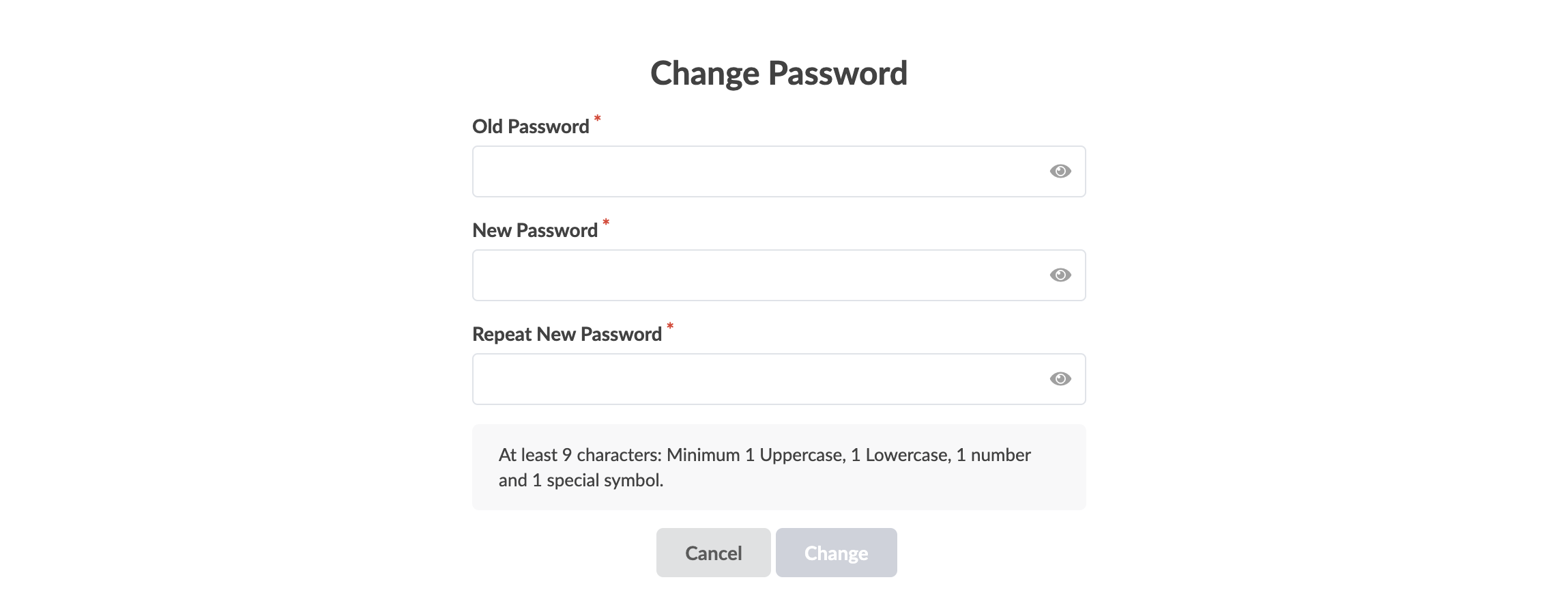 Change Password form with fields for Old Password, New Password, and Repeat New Password. Password requirements: 9 characters, 1 Uppercase, 1 Lowercase, 1 number, 1 special symbol. Cancel and Change buttons at the bottom.