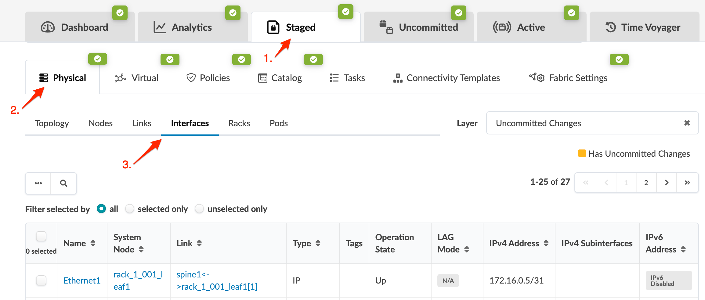 User interface of a network management tool showing "Staged" tab with "Physical" section and "Interfaces" sub-tab active. Data table lists network interfaces with details like name, type, and IPv4 address. Filters and pagination controls present.