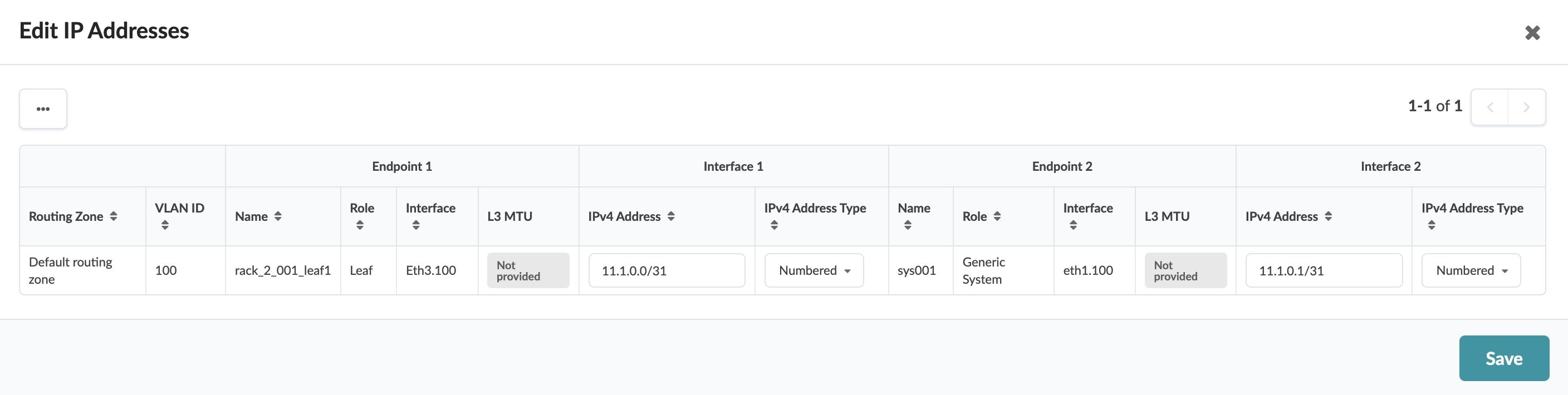 User interface for editing IP addresses. Table with network endpoints: rack_2_001_leaf1 as Leaf and sys001 as Generic System. Save button available.