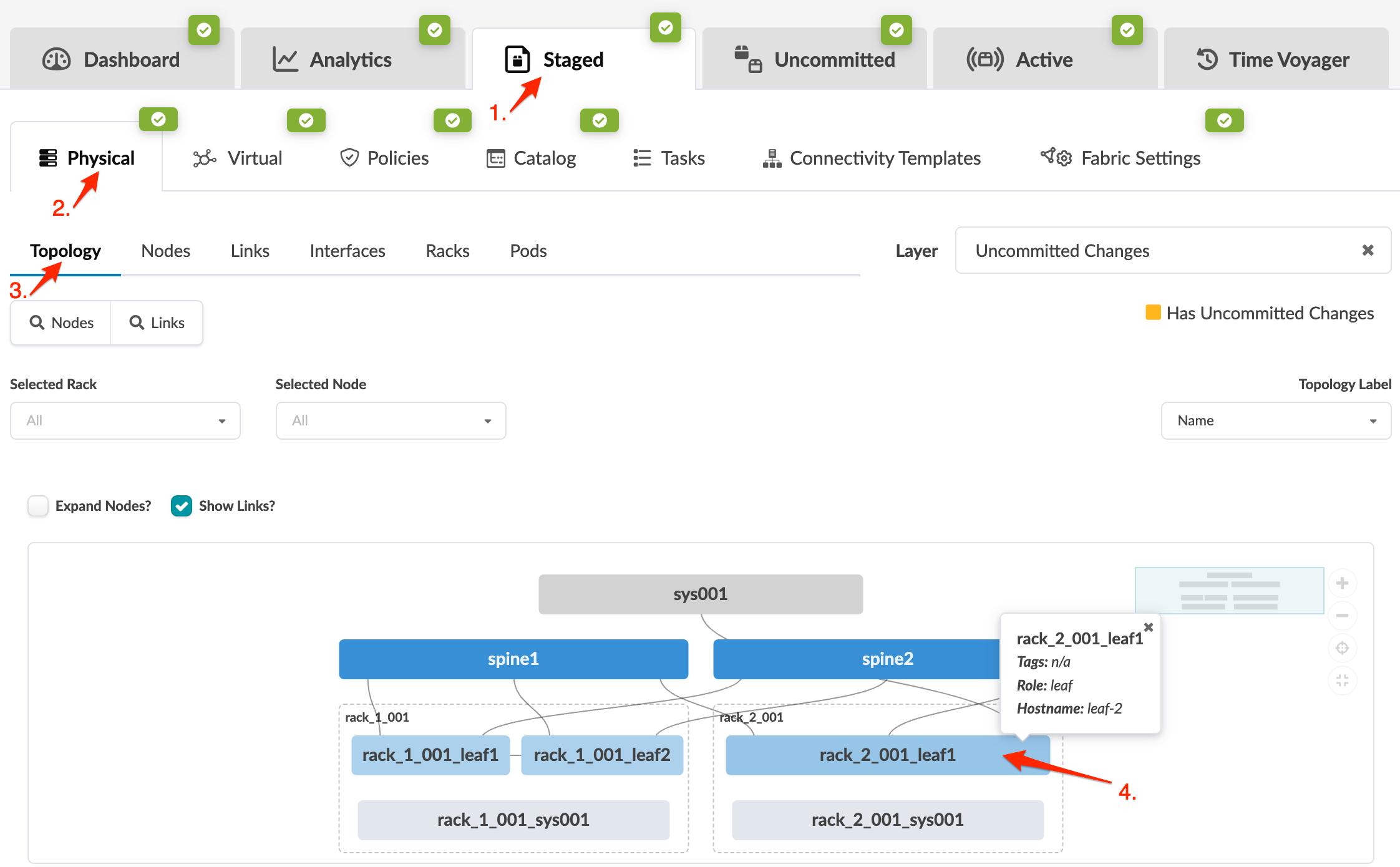Staged tab selected in network tool shows physical topology with nodes and links. Node rack_2_001_leaf1 highlighted with details.