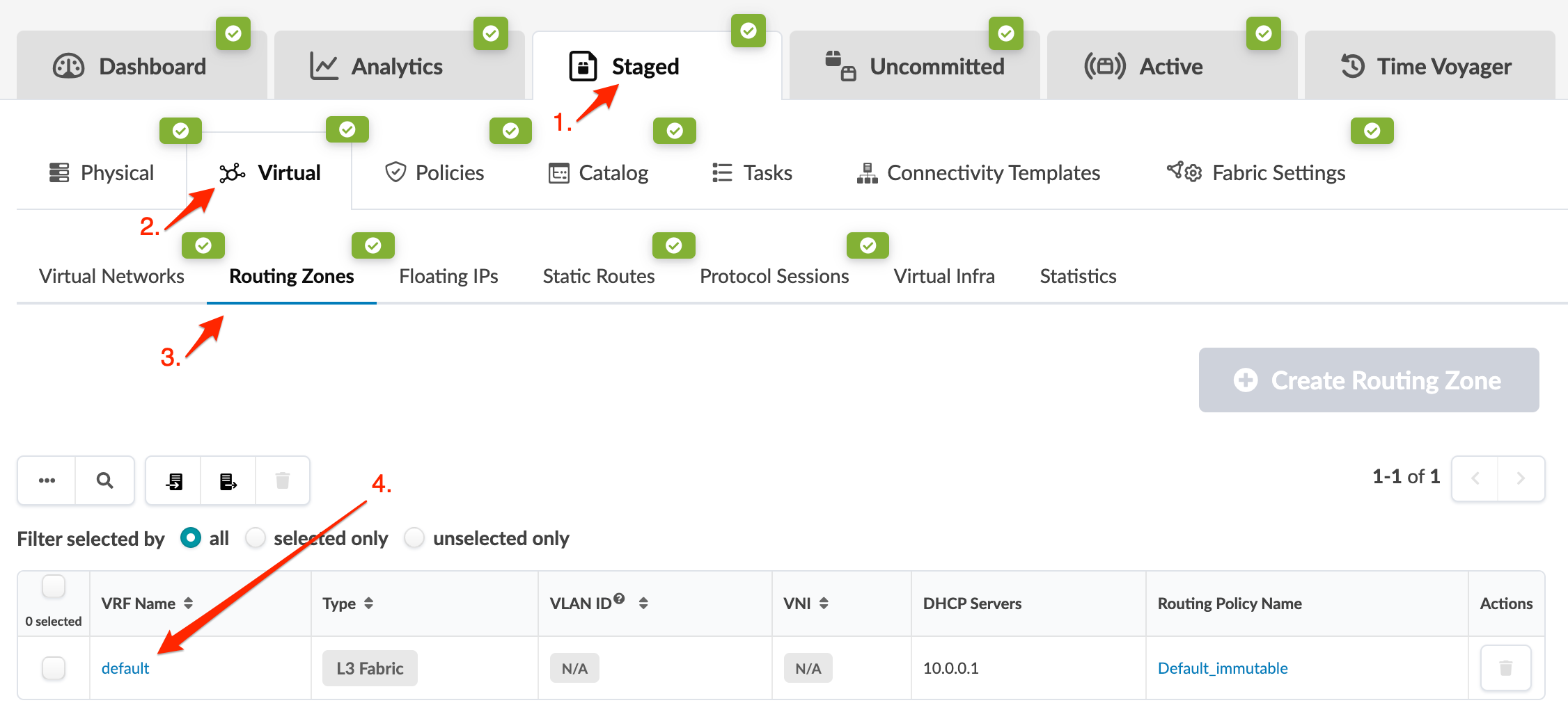 Network management interface showing the Staged Virtual section in Routing Zones. VRF Name is default, Type is L3 Fabric, DHCP Server is 10.0.0.1, Routing Policy is Default_immutable. Options to manage or delete are available.