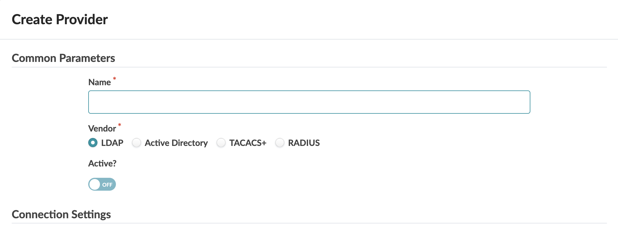 Create Provider form with fields for Name, Vendor (LDAP selected), and Active toggle set to OFF.
