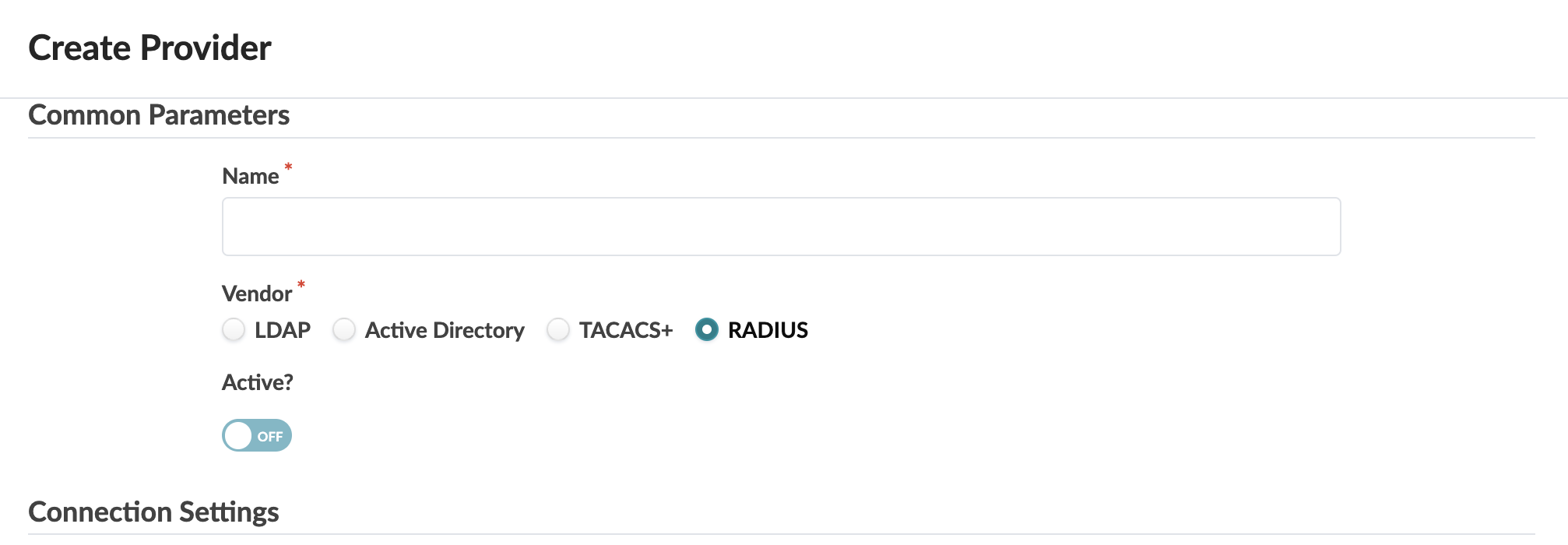 User interface for creating a provider configuration with fields for name, vendor set to RADIUS, and active toggle set to OFF. Connection settings section is visible but collapsed.