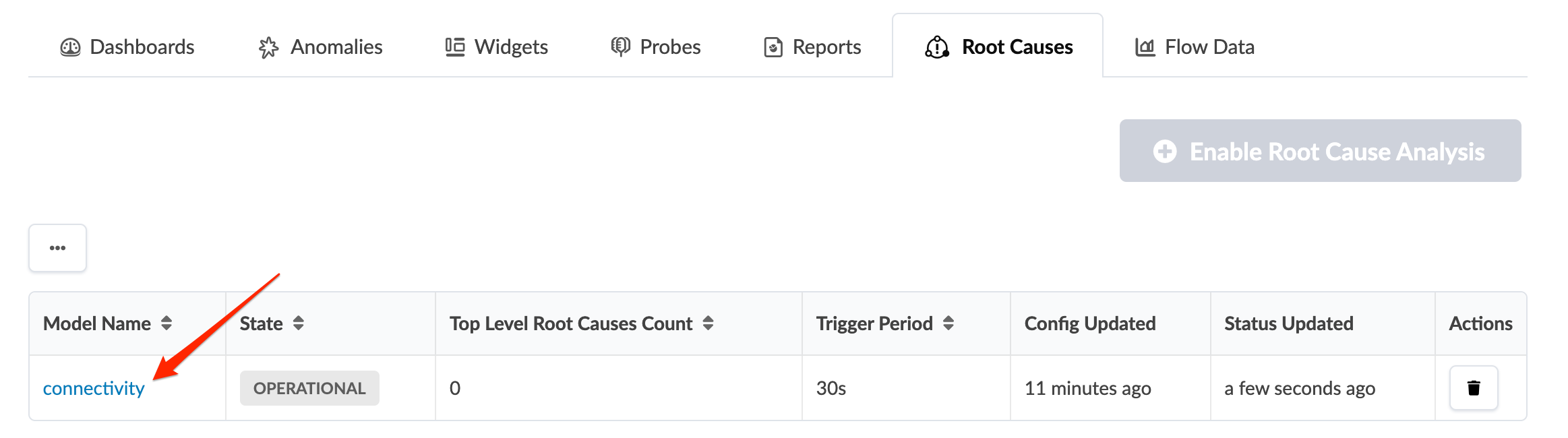 Screenshot of a root cause analysis dashboard with a selected "Root Causes" tab. Displays a button to enable the analysis and a table showing a model named connectivity, operational state, zero root causes, 30s trigger period, and recent configuration updates.