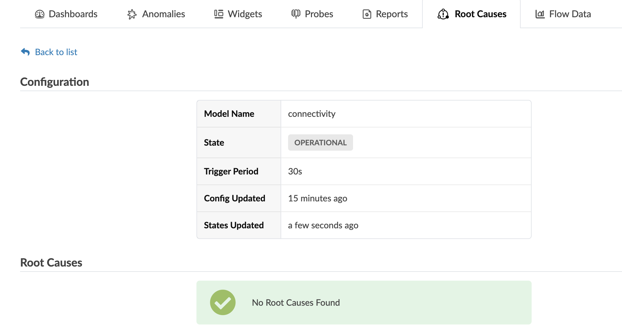 Monitoring tool interface showing tabs for Dashboards, Anomalies, Widgets, Probes, Reports, Root Causes, and Flow Data. Configuration: Model Name connectivity, State OPERATIONAL, Trigger Period 30 seconds. Root Causes section indicates No Root Causes Found.