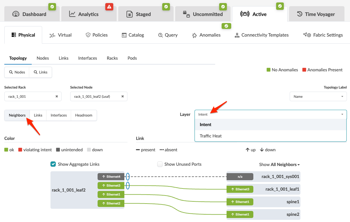 Screenshot of network tool interface showing rack_1_001 and node rack_1_001_leaf2 topology. Neighbors tab active, connections color-coded for status.