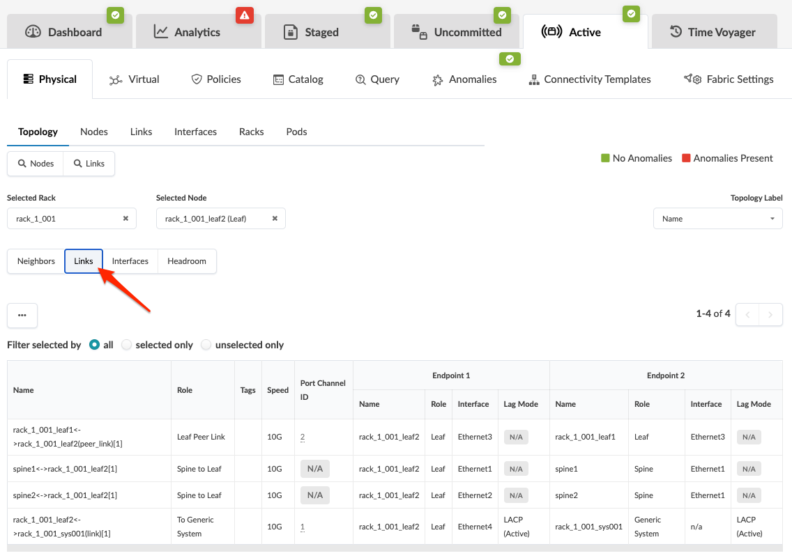 Network management interface showing Physical topology view in Links tab. Selected rack is rack_1_001 and node is rack_1_001_leaf2 Leaf. Table displays link details like name, role, tags, speed, port channel ID, and endpoints. Filters for selected or unselected links and indicators for anomalies are present.