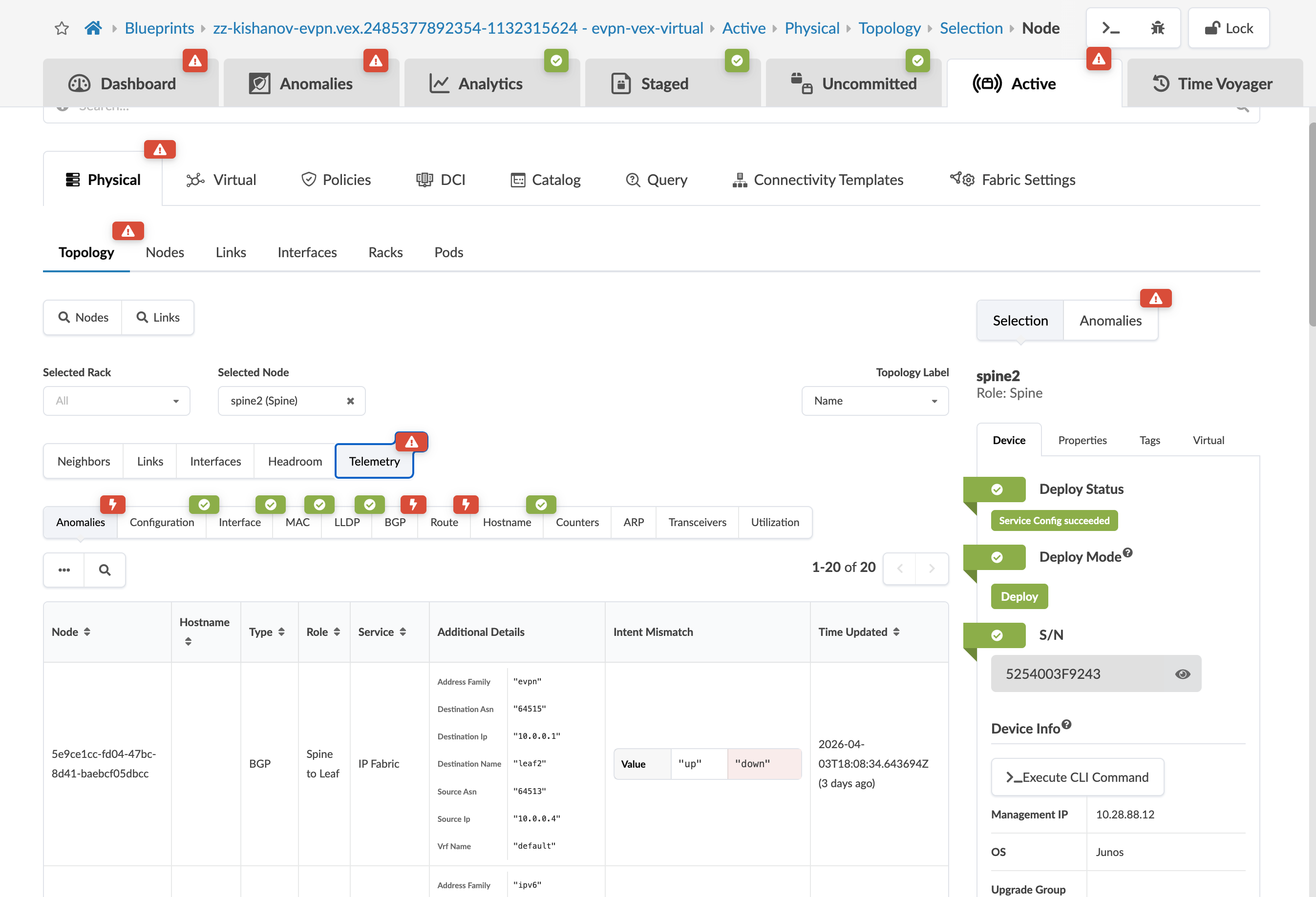 Network management interface screenshot showing Active status in Physical mode. Nodes tab selected; displays node table with deployment status. Right panel shows anomaly statistics, all at zero.