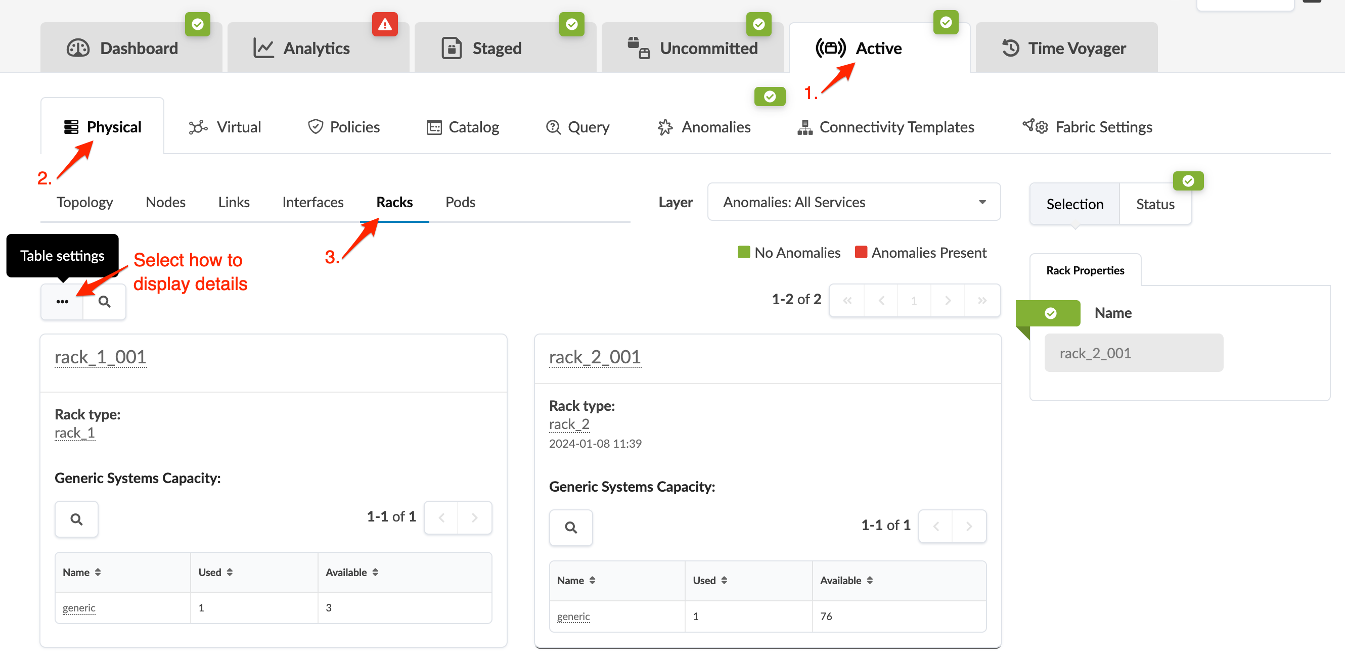 User interface screenshot for managing data center racks: Active tab shows physical section and racks tab. Two racks displayed: rack_1_001 with capacity used 1, available 3; rack_2_001 with capacity used 1, available 76. Table settings button for customization. No anomalies indicated.