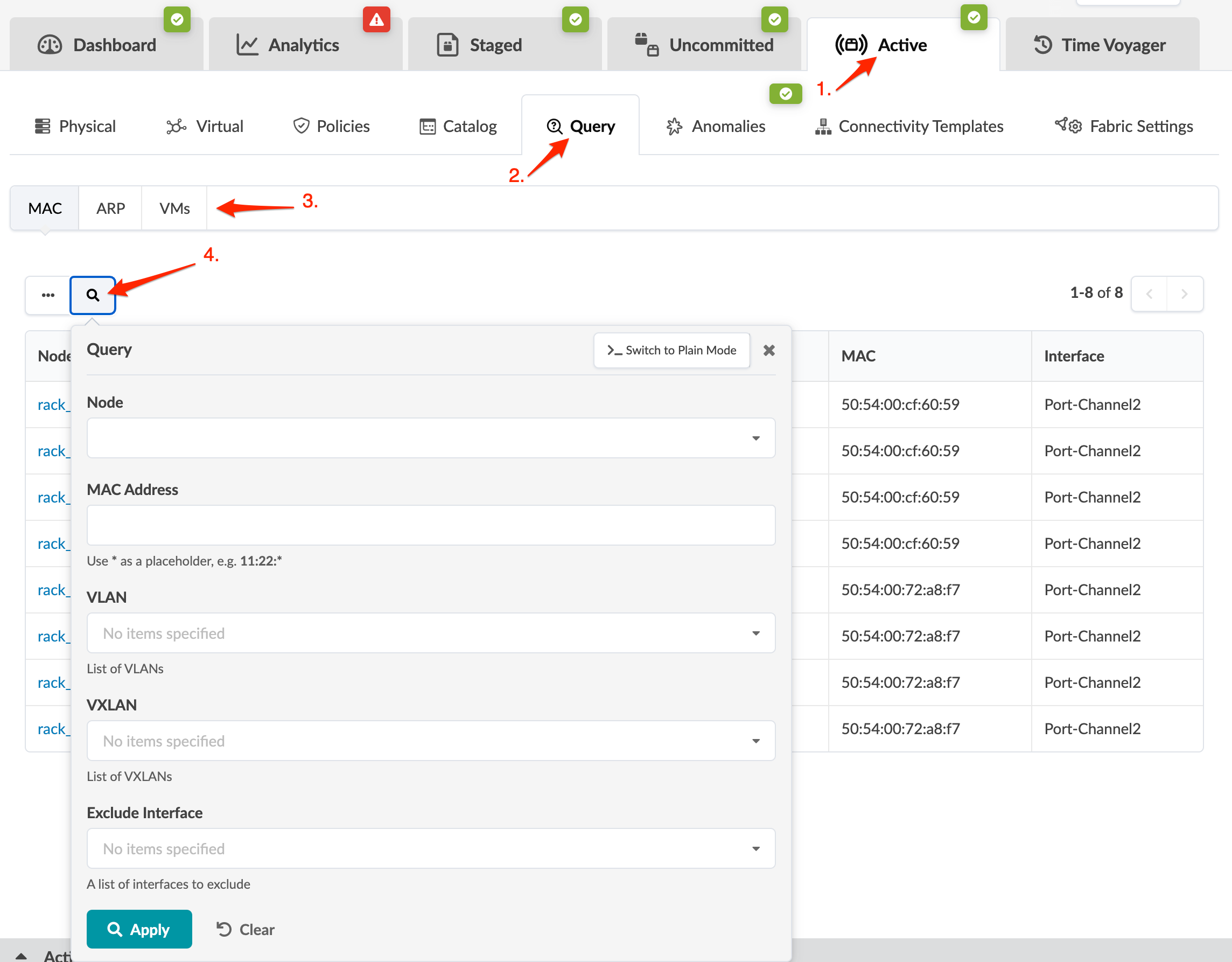 Network management interface showing active tab with query options for MAC, ARP, and VMs. Search panel open for input criteria, displaying query results in a table.