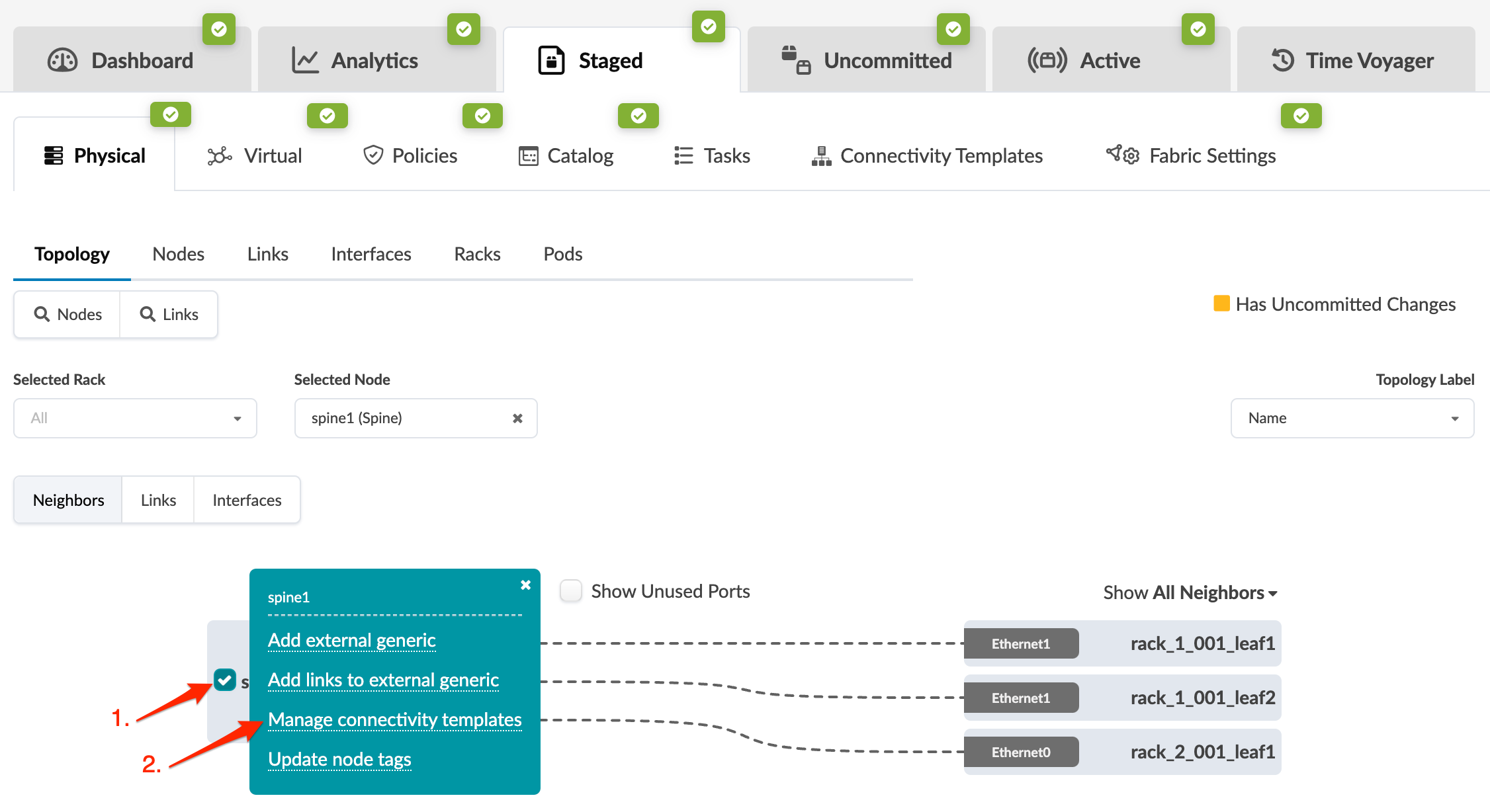 Network management interface showing tabs for different states, a topology with spine1 node, and options for node configuration.
