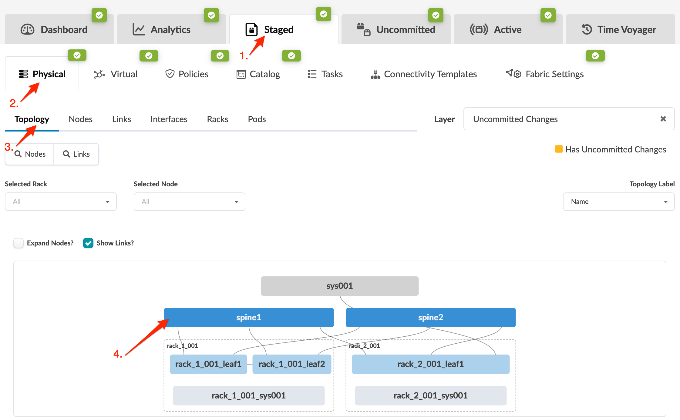 Network management interface showing staged changes in the physical topology tab. Hierarchical network diagram includes spine switches, leaf switches grouped into racks, and uncommitted changes.