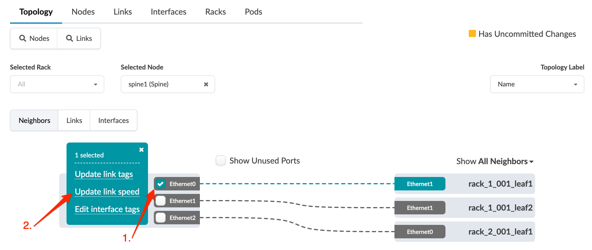 Network topology management interface displaying node spine1 with connections to rack_1_001_leaf1, rack_1_001_leaf2, rack_2_001_leaf1. Ethernet0 is selected, showing action menu options, with uncommitted changes indicated.