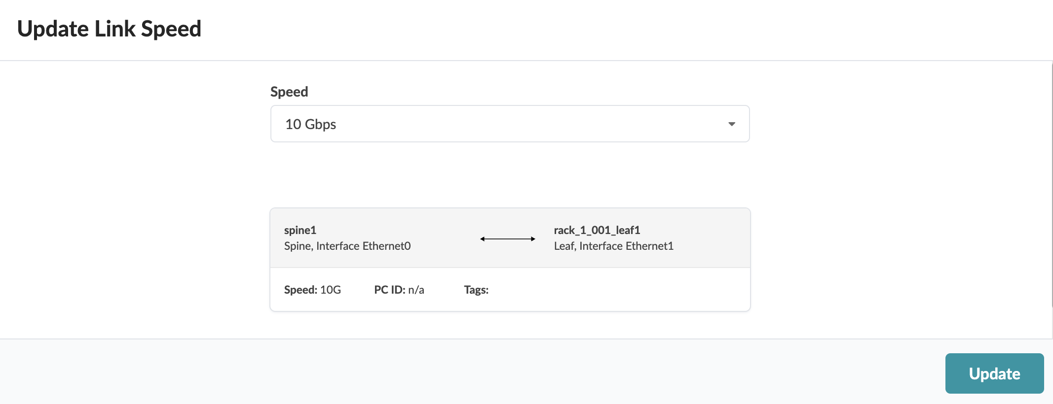 Update link speed interface between spine1 Ethernet0 and rack_1_001_leaf1 Ethernet1. Current speed 10 Gbps. Update button available.