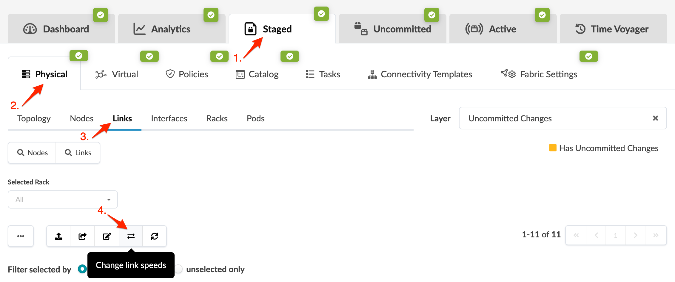 Screenshot of a network management tool showing the Staged tab, Physical section, Links subsection, and Change link speeds button.
