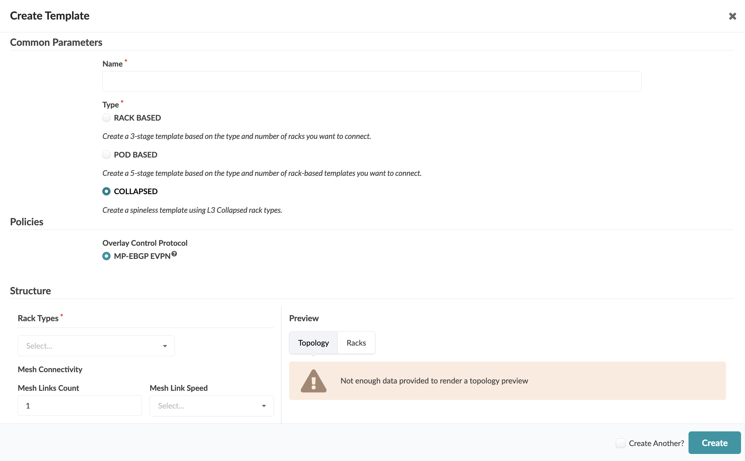 User interface for creating a network template with sections for entering template name, selecting template type, configuring overlay protocol, rack types, mesh connectivity, and previewing topology.