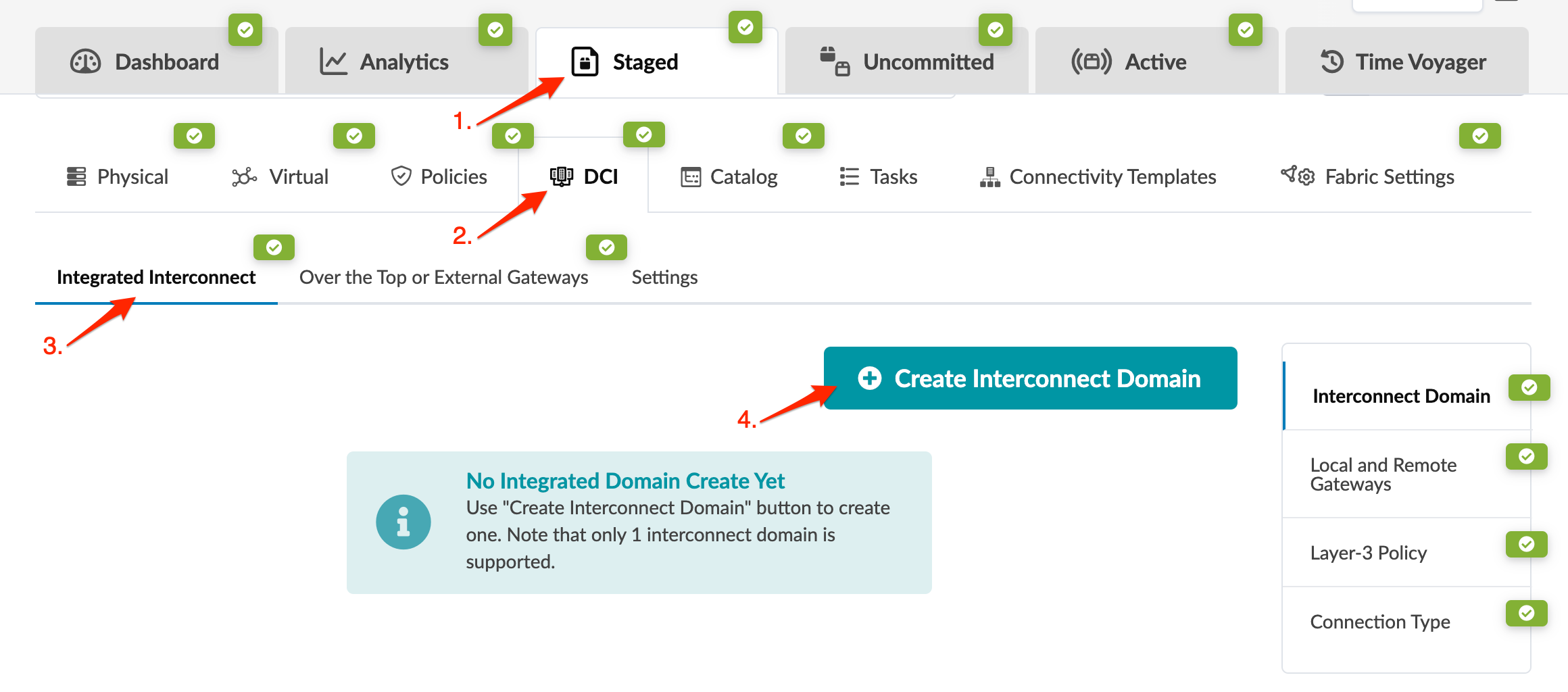 Network management interface showing tabs for navigation, options like policies and connectivity templates, and a selected Integrated Interconnect tab with a button to create an interconnect domain.