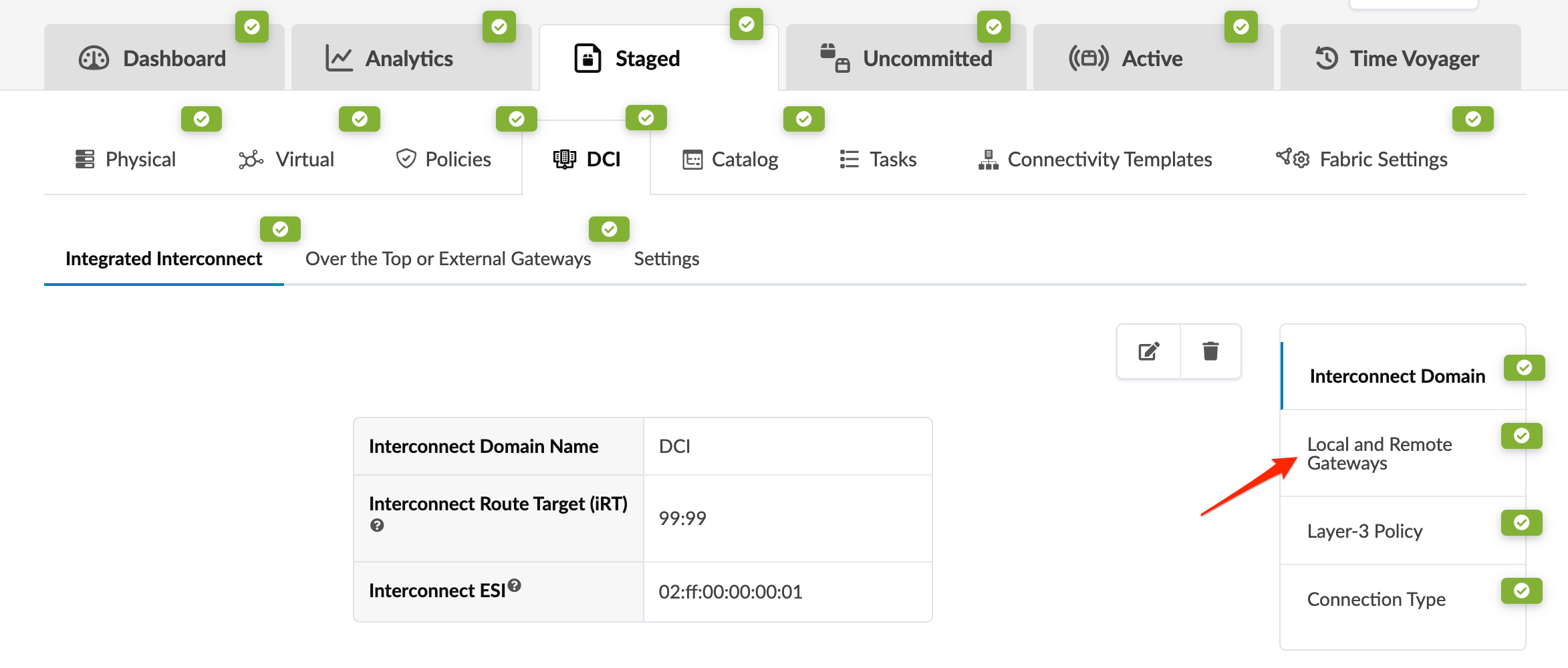 Network management interface showing tabs like Dashboard, Analytics, Staged, and Active, with Local and Remote Gateways highlighted under Integrated Interconnect settings.