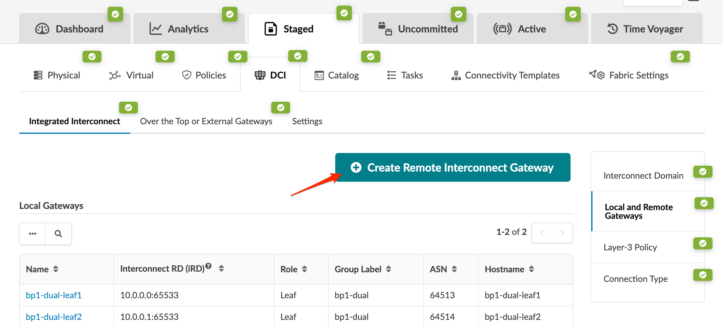 User interface of a network management tool showing the Integrated Interconnect section with tabs like Dashboard, Analytics, and Time Voyager. Focused on Local and Remote Gateways table with details such as names, roles, and hostnames. Button labeled Create Remote Interconnect Gateway is highlighted for action.