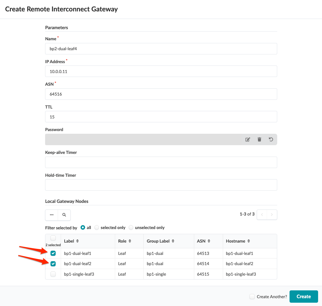 User interface for creating a Remote Interconnect Gateway with input fields for Name, IP Address, ASN, TTL, Password, Keep-alive Timer, and Hold-time Timer. Two selected nodes, bp1-dual-leaf1 and bp1-dual-leaf2, are listed in a table. Filter options include all, selected only, or unselected only. Create button is at the bottom right with a Create Another checkbox.