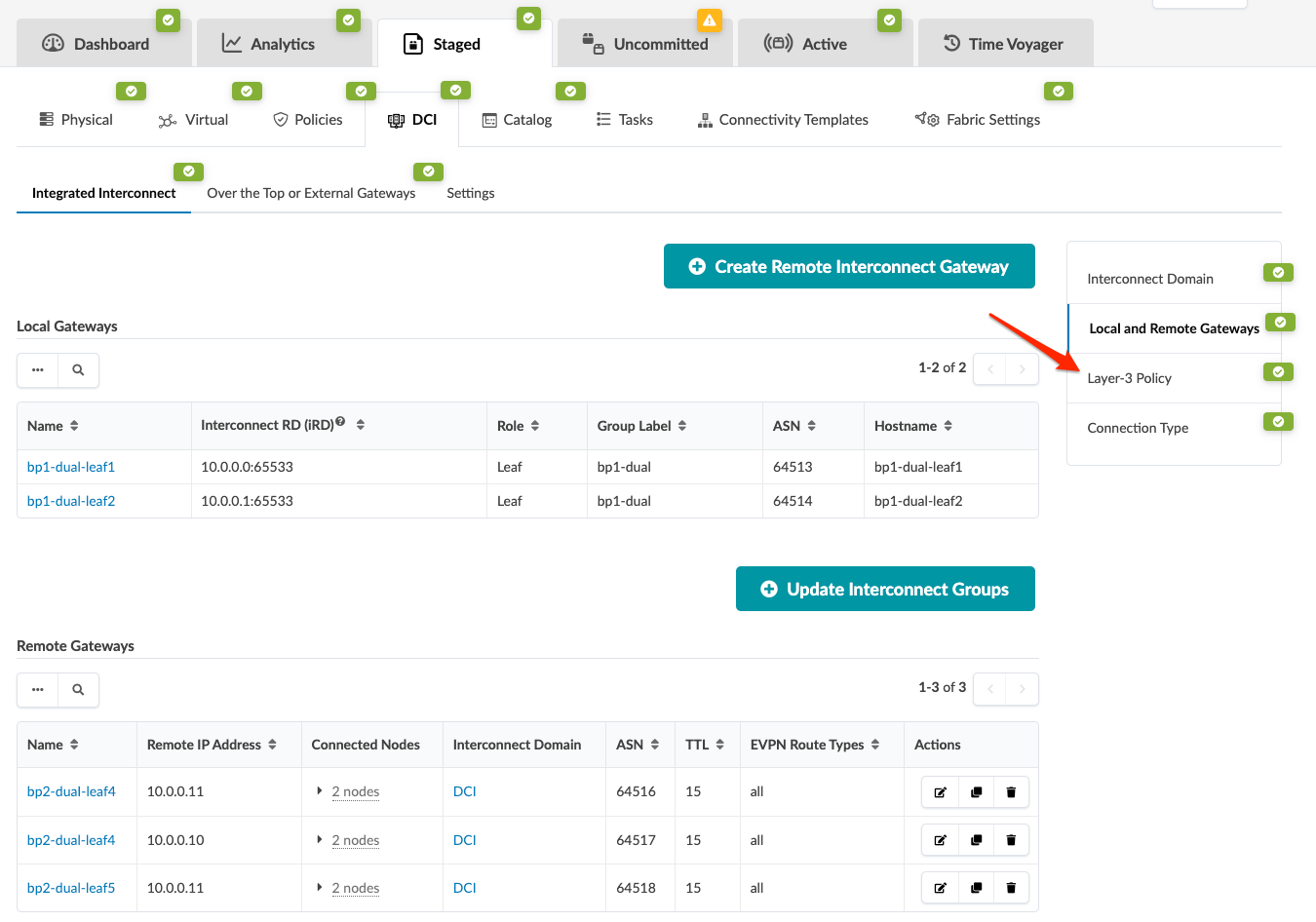 Network management interface for configuring interconnect gateways, showing sections for local and remote gateways with details like names, roles, hostnames, IPs, and EVPN route types. Options to create or update gateways and groups are included. Tabs for settings and configurations are visible.