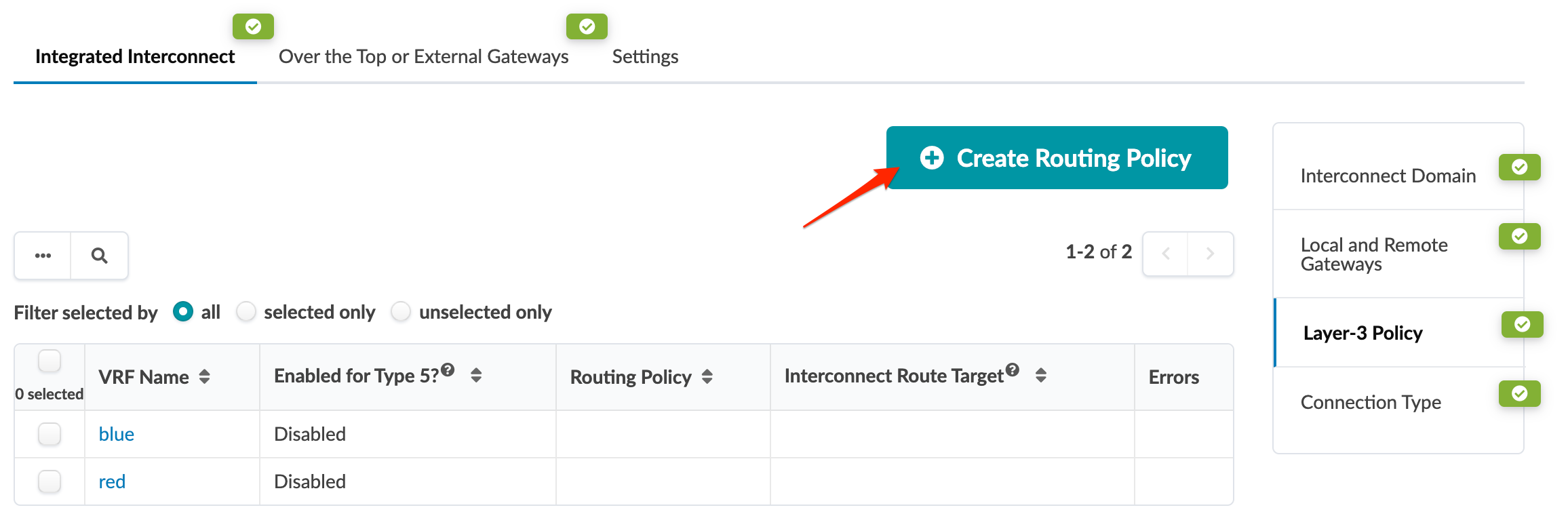 User interface for managing network configurations, showing tabs for routing policies, a table with VRF details, filter options, and a button to create routing policies.