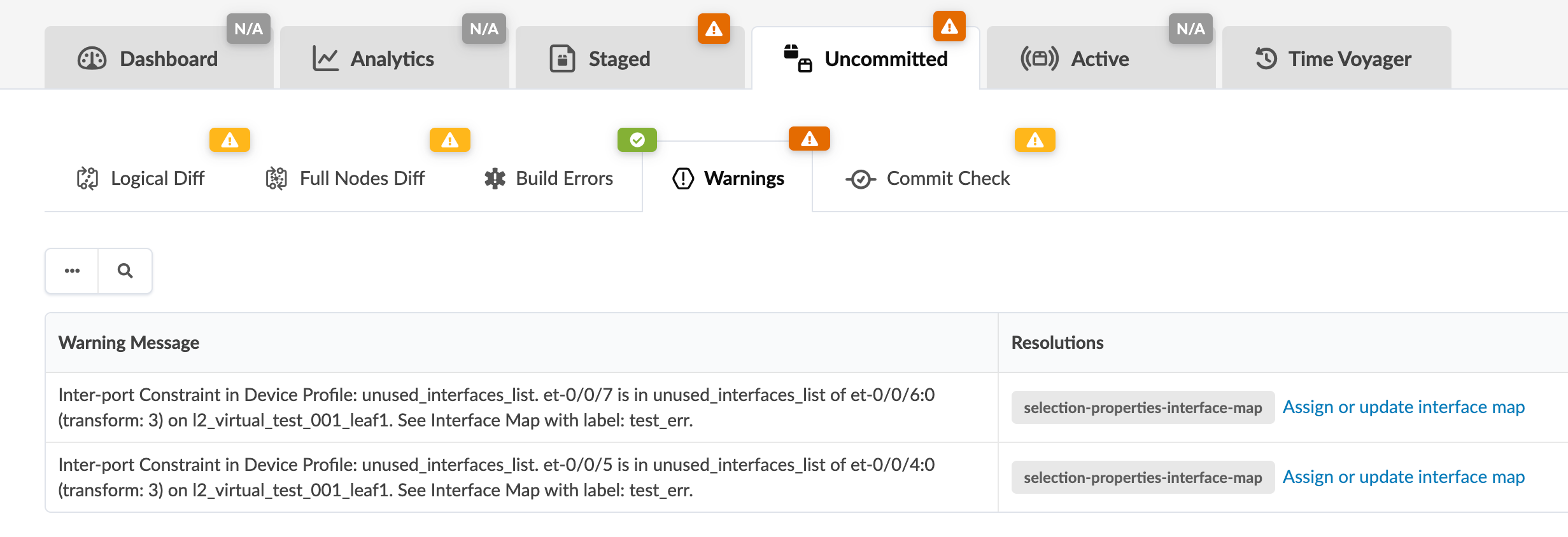 Network configuration interface with tabs for Dashboard, Analytics, Staged and more; warning icons on Staged and Uncommitted. Warnings highlight unused interfaces like et-0/0/7; resolution suggests updating interface map.