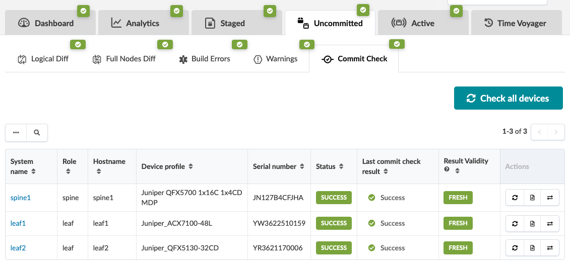Network management interface showing a table with columns for system name, role, hostname, device profile, serial number, status, last commit check result, result validity, and actions. Tabs and options for navigating sections and analyzing configurations are visible.