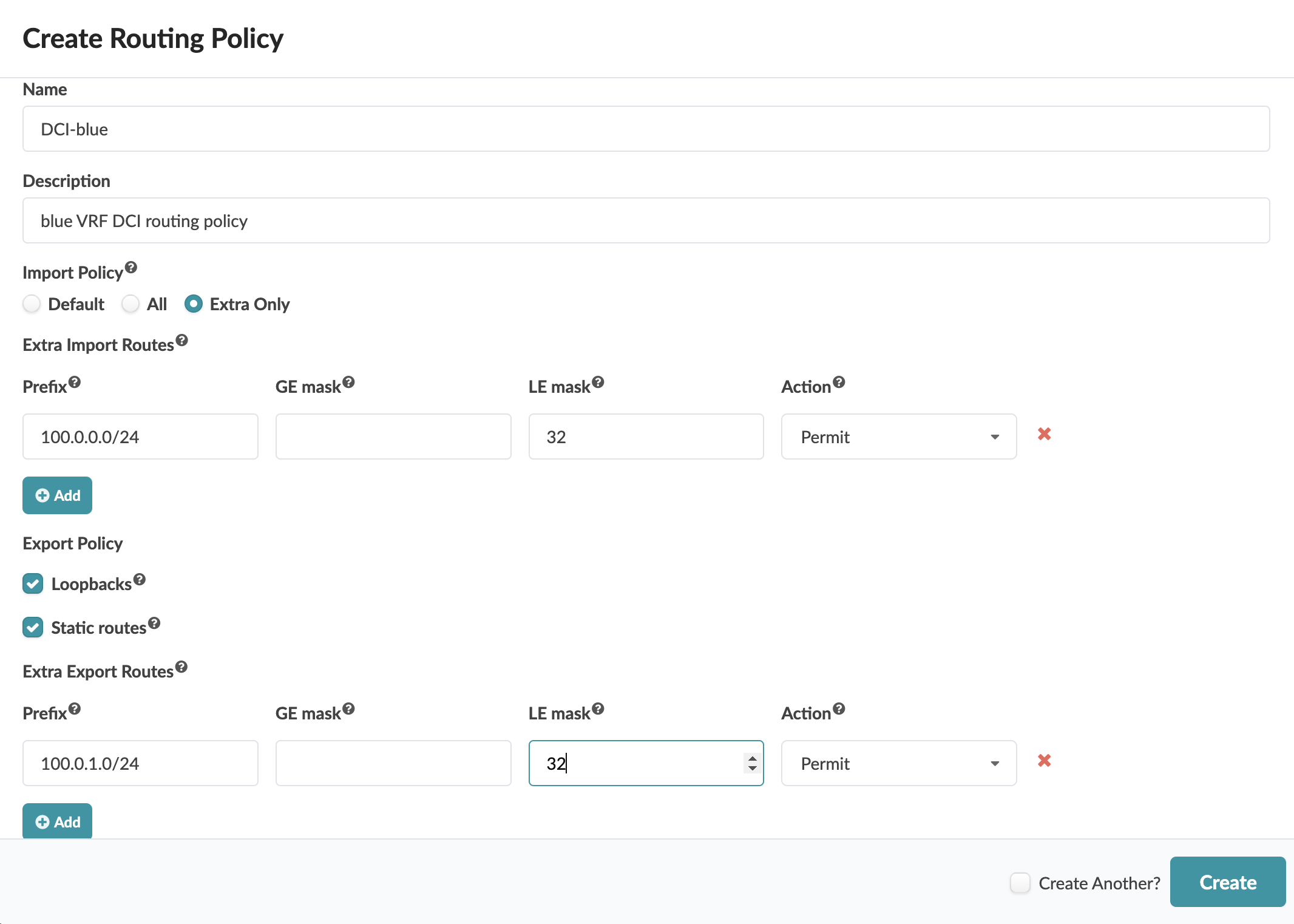User interface for creating a routing policy with fields for name, description, import and export settings, extra routes, and options to add routes or create another policy.