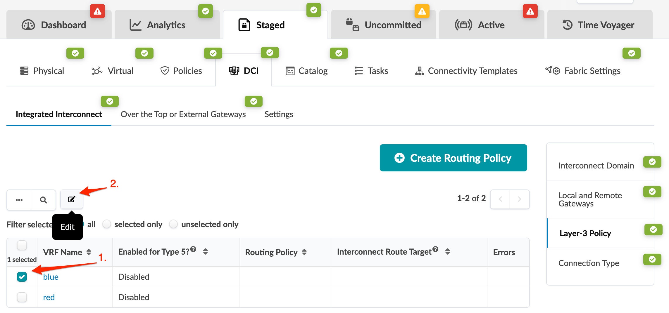 Network management interface showing tabs like Dashboard, Analytics, and Time Voyager, a Routing Policy table with columns VRF Name, Routing Policy, and Errors, selected checkbox for VRF blue, Edit button highlighted, and Create Routing Policy button visible.