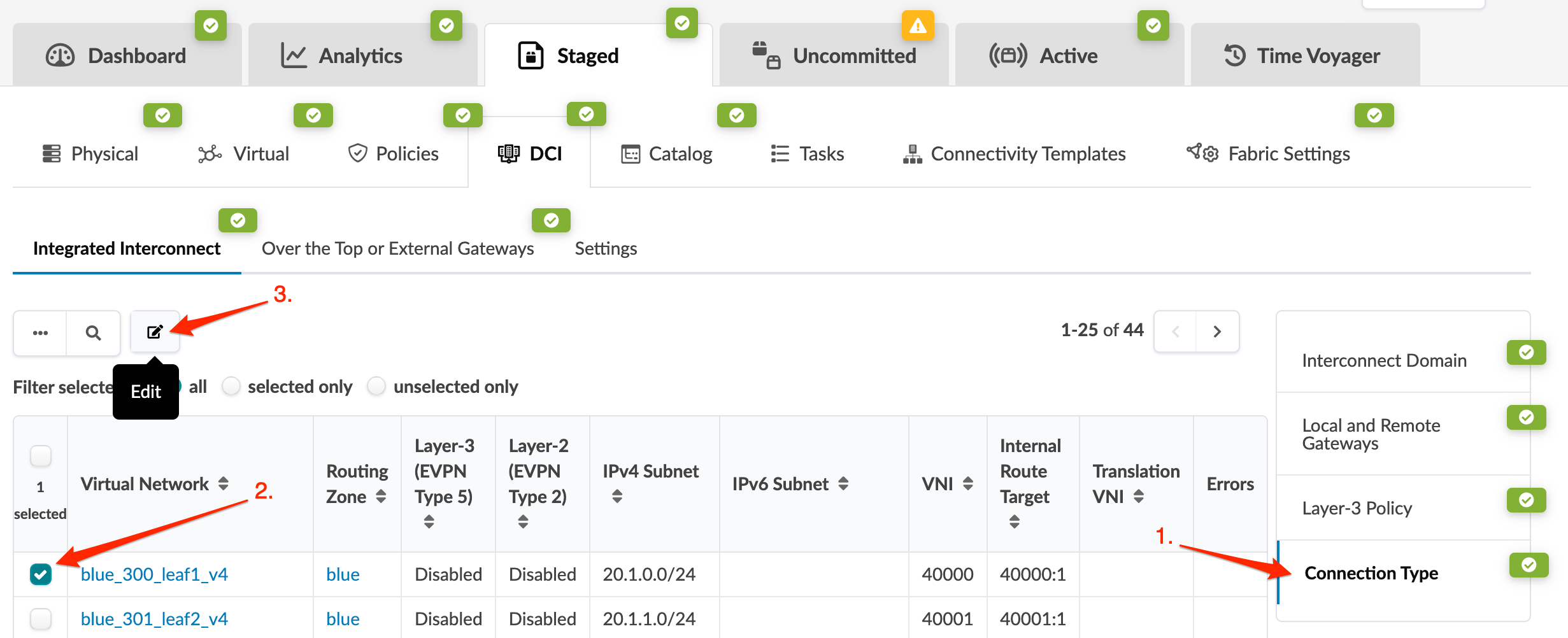 User interface of a network management tool showing tabs like Dashboard, Analytics, and Time Voyager, submenu options like Physical and Virtual, the Integrated Interconnect section with sub-tabs Over the Top Gateways and Settings, a table of virtual networks with columns for Routing Zone and Subnets, and highlighted actions including connection type, selected virtual network blue_300_leaf1_v4, and edit button.