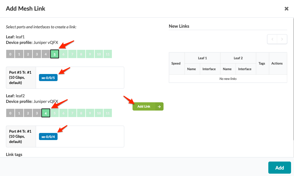 User interface for adding a mesh link between two Juniper vQFX devices. Leaf1 port 5 xe-0/0/5 and Leaf2 port 4 xe-0/0/4 selected. Add Link button available. New Links table empty. Link tags section visible.