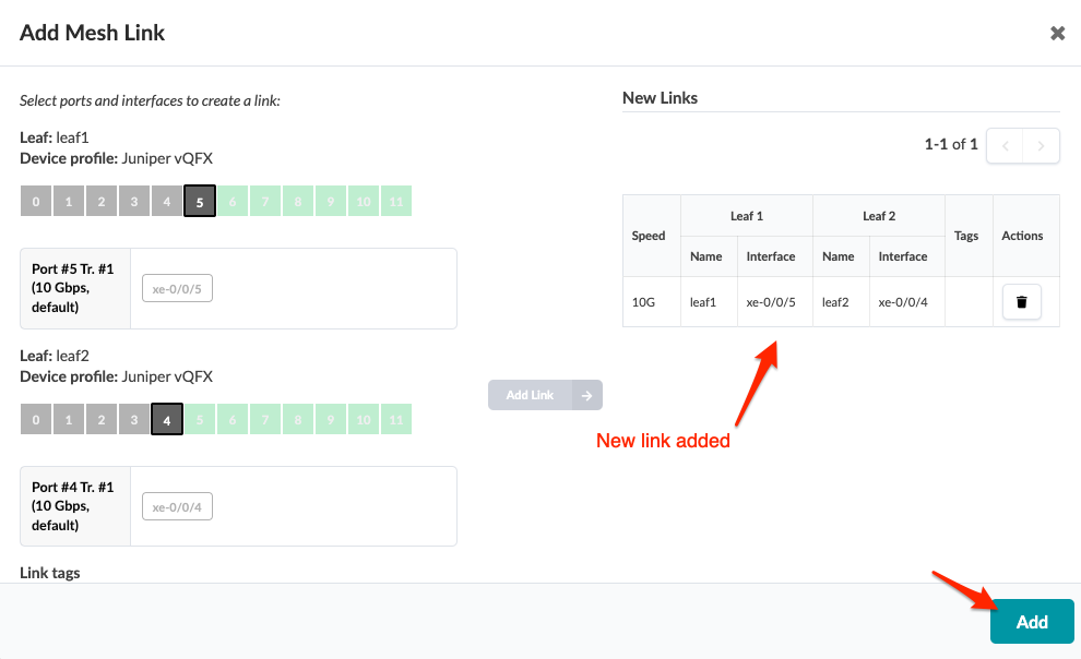 Add Mesh Link interface for Juniper vQFX devices. Leaf1: Port 5, 10 Gbps. Leaf2: Port 4, 10 Gbps. Confirm with Add button.
