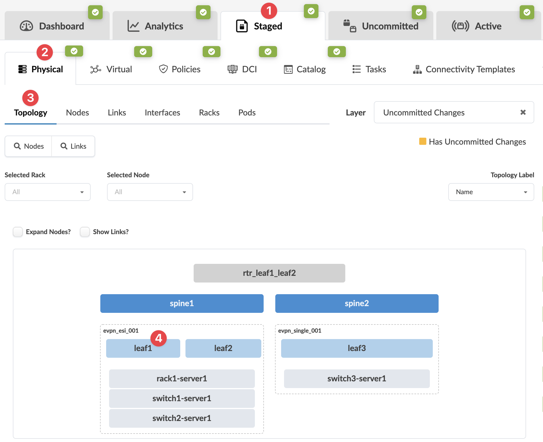Screenshot of a network management interface showing staged, uncommitted, and active tabs, physical topology, and network diagram with spine and leaf nodes, devices, and EVPN labels.