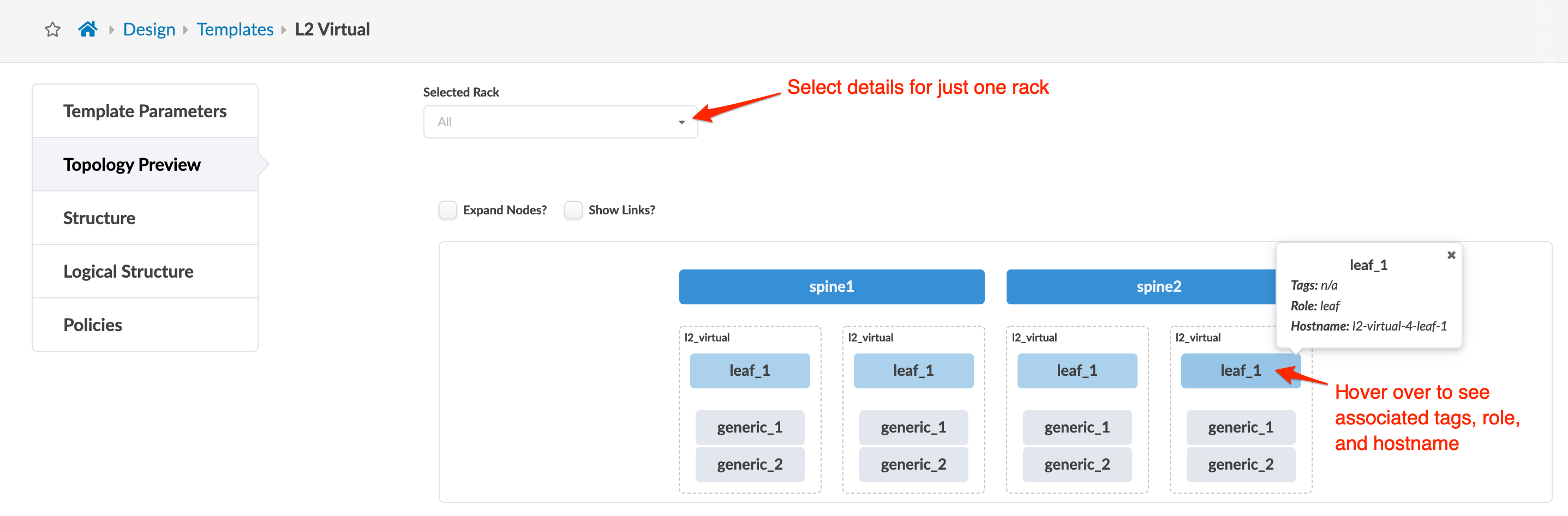 Network topology preview interface displaying spine nodes spine1 and spine2 connected to leaf nodes leaf_1 and generic nodes generic_1 and generic_2 with hoverable details on tags, role, and hostname. Menu options on the left include Template Parameters, Topology Preview, Structure, Logical Structure, and Policies. Red arrows guide interactions like rack selection and node hovering for more details.