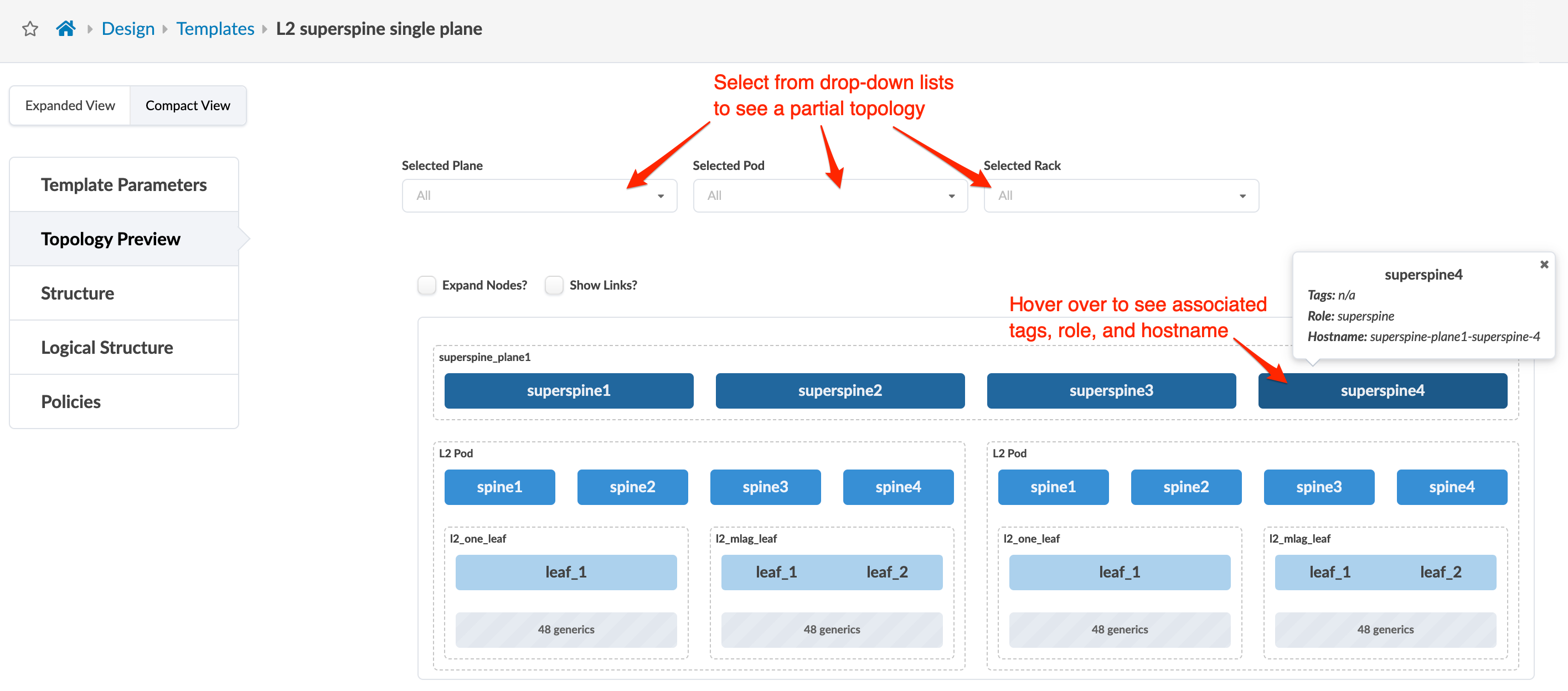 Network topology preview interface for L2 superspine single plane design showing breadcrumb navigation, sidebar menu options, superspine nodes, L2 pod nodes, interactive hover details, and customization settings.