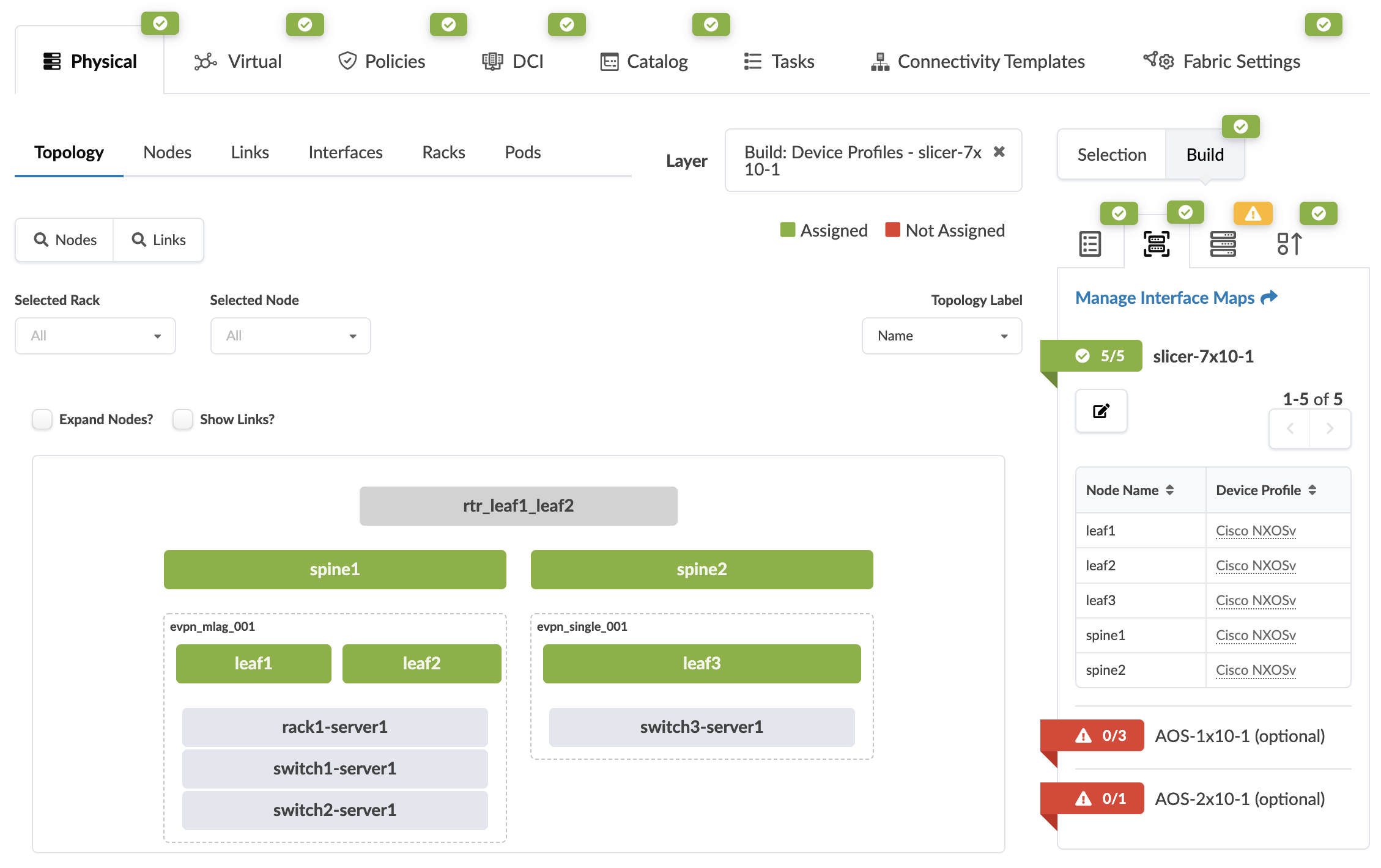 Screenshot of a network management interface displaying a physical network topology with nodes labeled spine1, spine2, leaf1, leaf2, leaf3, and various servers. Tabs at the top include options for views like Physical and Virtual. A sidebar lists node names with Cisco NXOSv device profiles. Warnings indicate optional configurations not assigned.