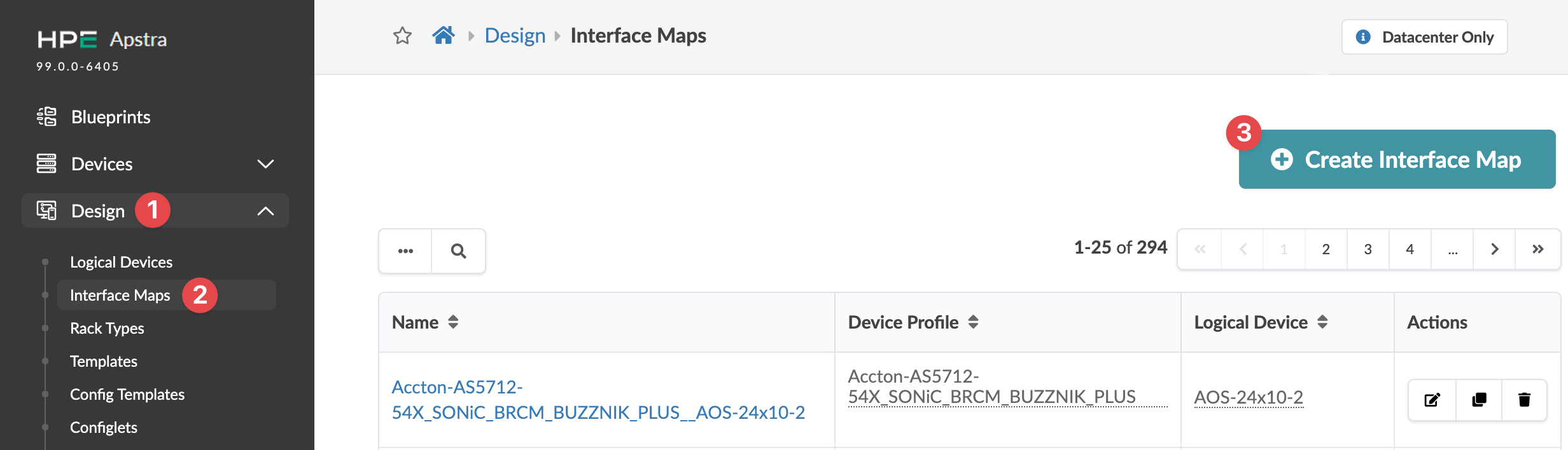 HPE Apstra interface showing the Interface Maps section under the Design menu, with options for managing interface maps, a Create Interface Map button, and pagination controls.