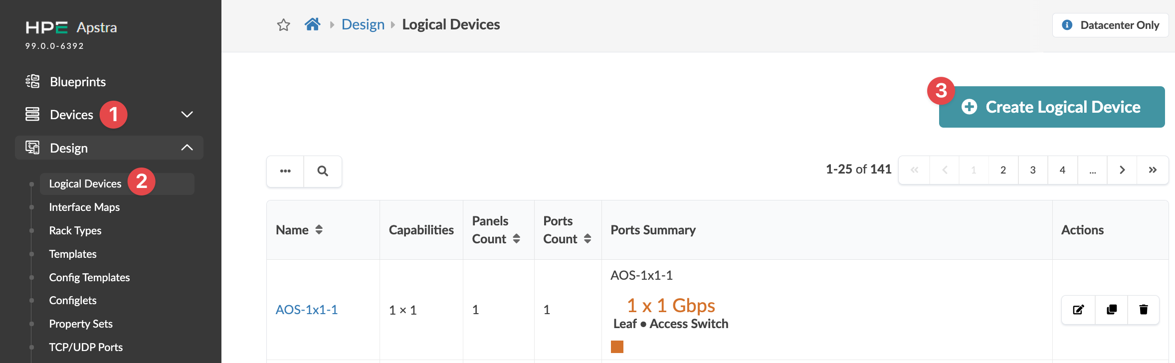 HPE Apstra interface showing Logical Devices section under Design menu with table of device details including name AOS-1x1-1, capabilities 1 x 1, ports summary 1 x 1 Gbps, and actions for editing, duplicating, or deleting.