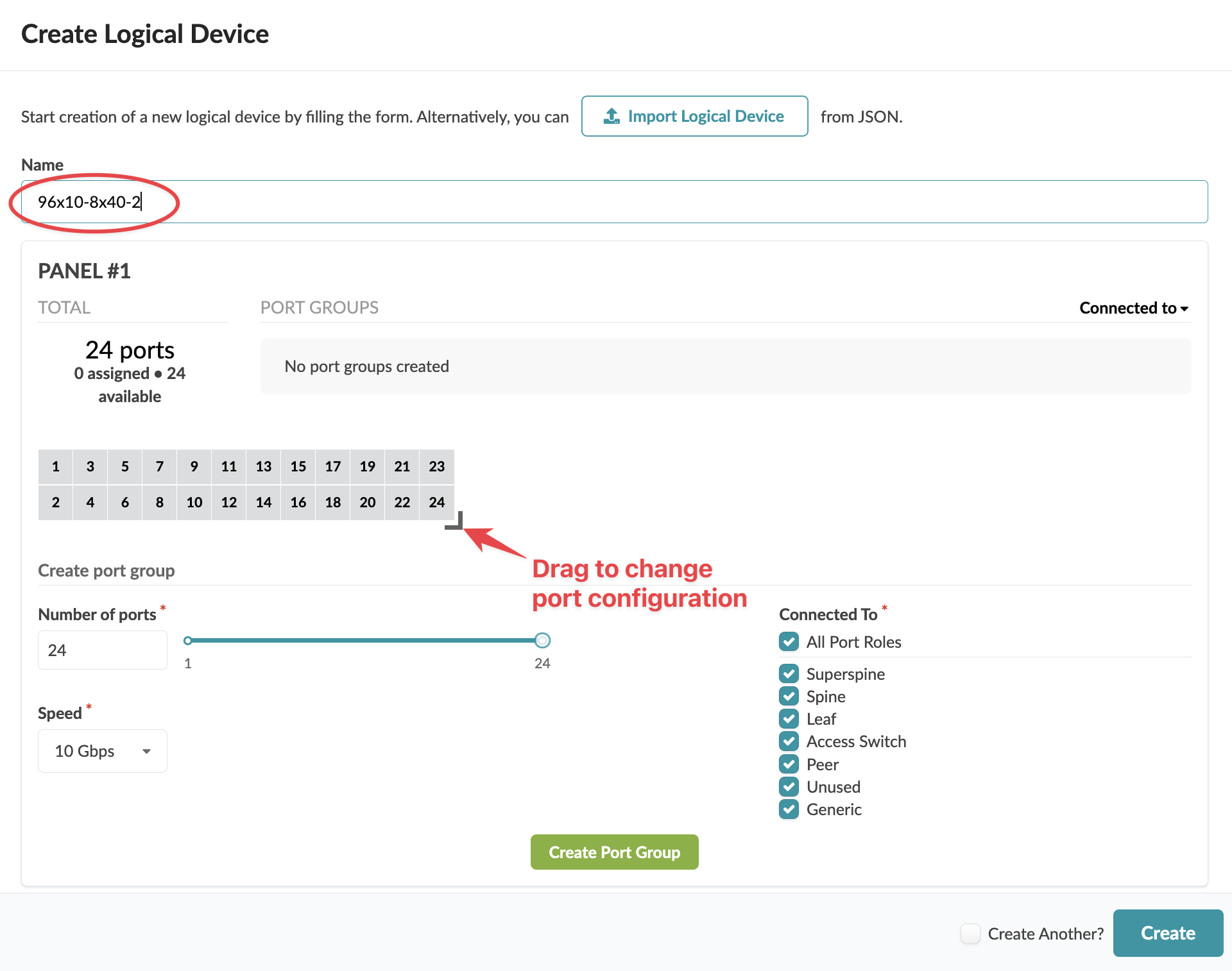 Create Logical Device interface with fields for device name, port group configuration, speed selection, connection options, import from JSON button, and create actions.